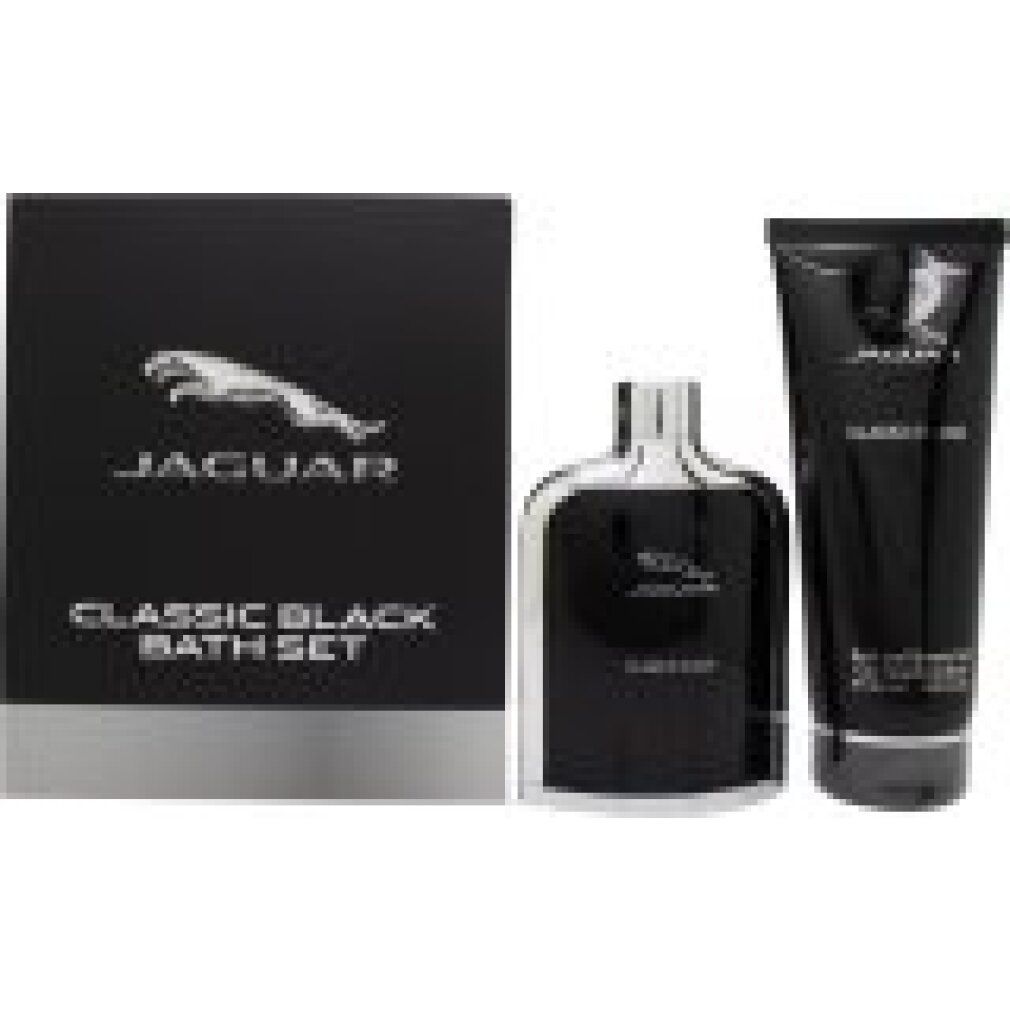 Jaguar Classic Black Bad-Set. Schwarze Box, Flasche und Tube. Logo und Produktname sind sichtbar.