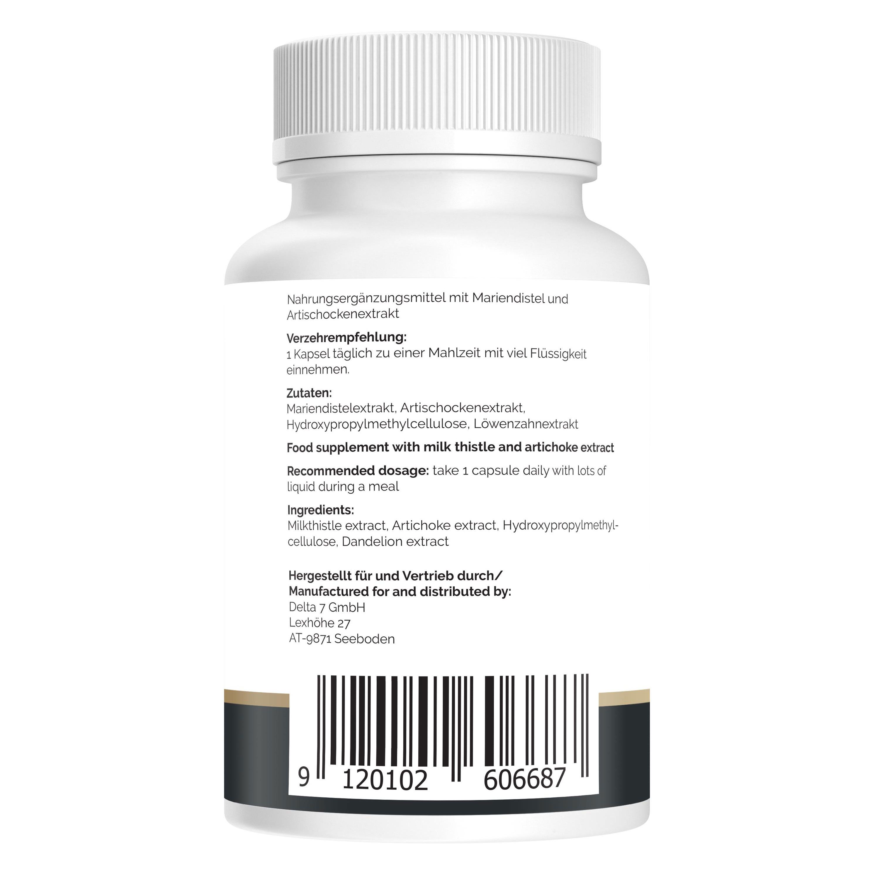 Rückseite einer weißen Pillenflasche. Text: Verzehrempfehlung, Zutaten, Food supplement. Barcode unten.
