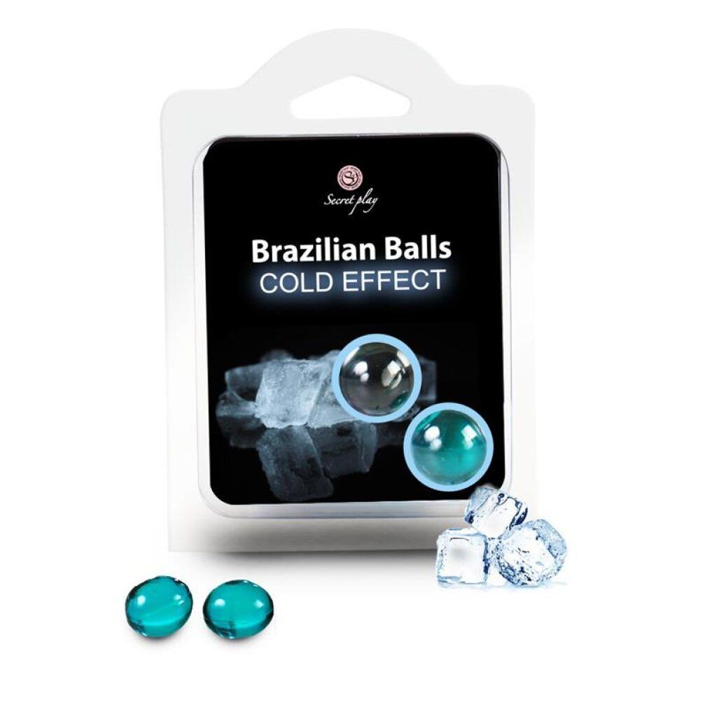 Zwei brasilianische Kugeln mit Kälteeffekt in türkiser Farbe, verpackt in einer Blisterpackung mit Eiswürfeln.