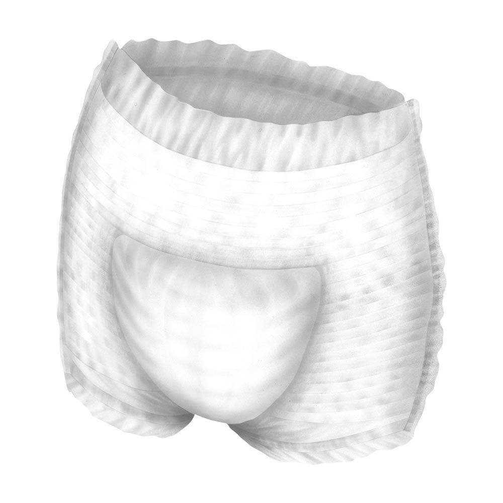 Weiße Pants-Windel. Anatomische Form. Vorderseite mit Aussparung. Für Inkontinenz. Weiches Material.