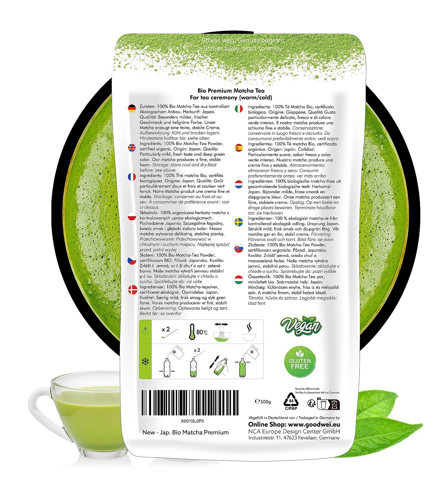 Rückseite der Goodwei Bio Matcha Tea Verpackung. Text in mehreren Sprachen, Informationen zur Zubereitung, vegan und glutenfrei.