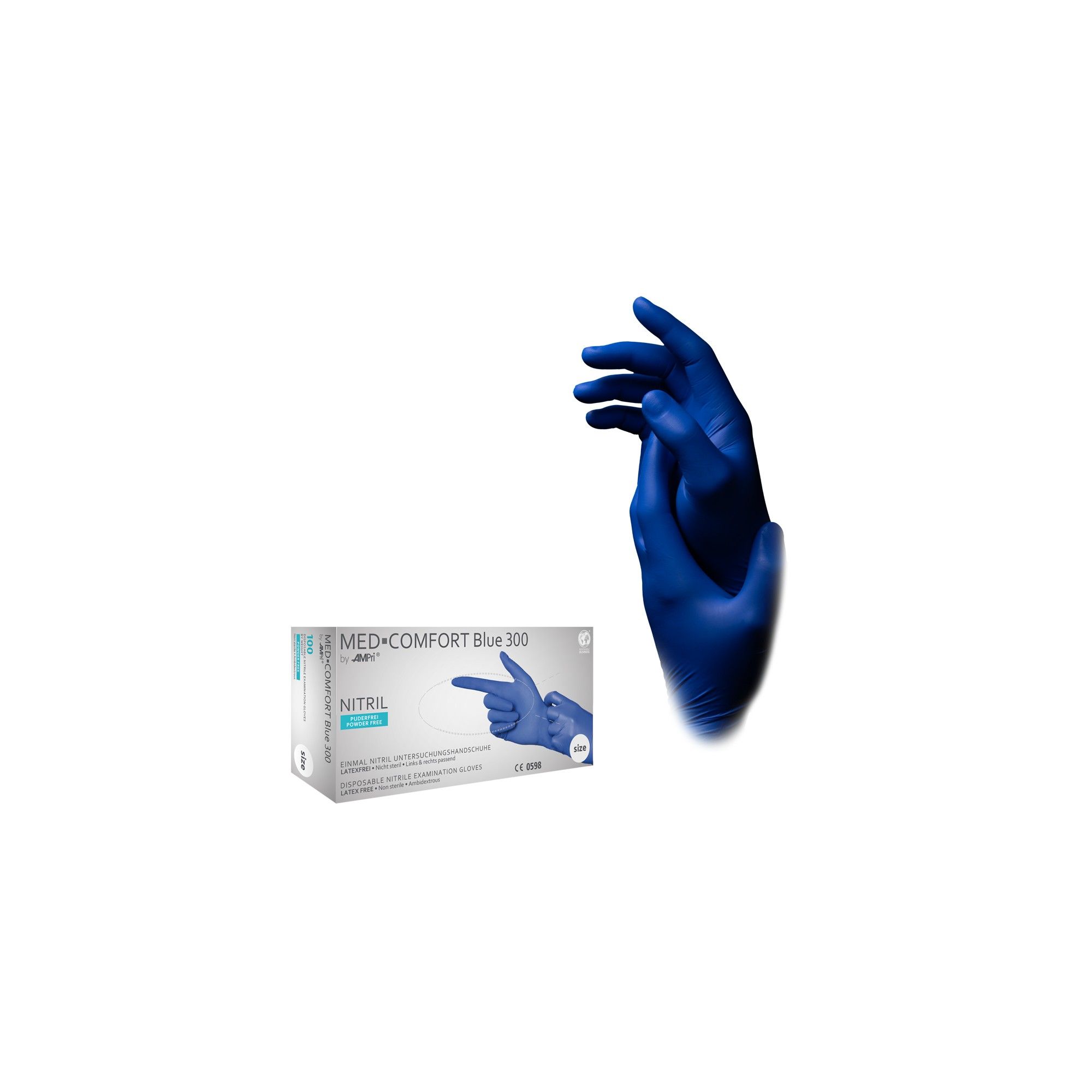 Zwei blaue Nitril-Untersuchungshandschuhe, einer auf der anderen Hand, mit einer Schachtel MED-COMFORT Blue 300.