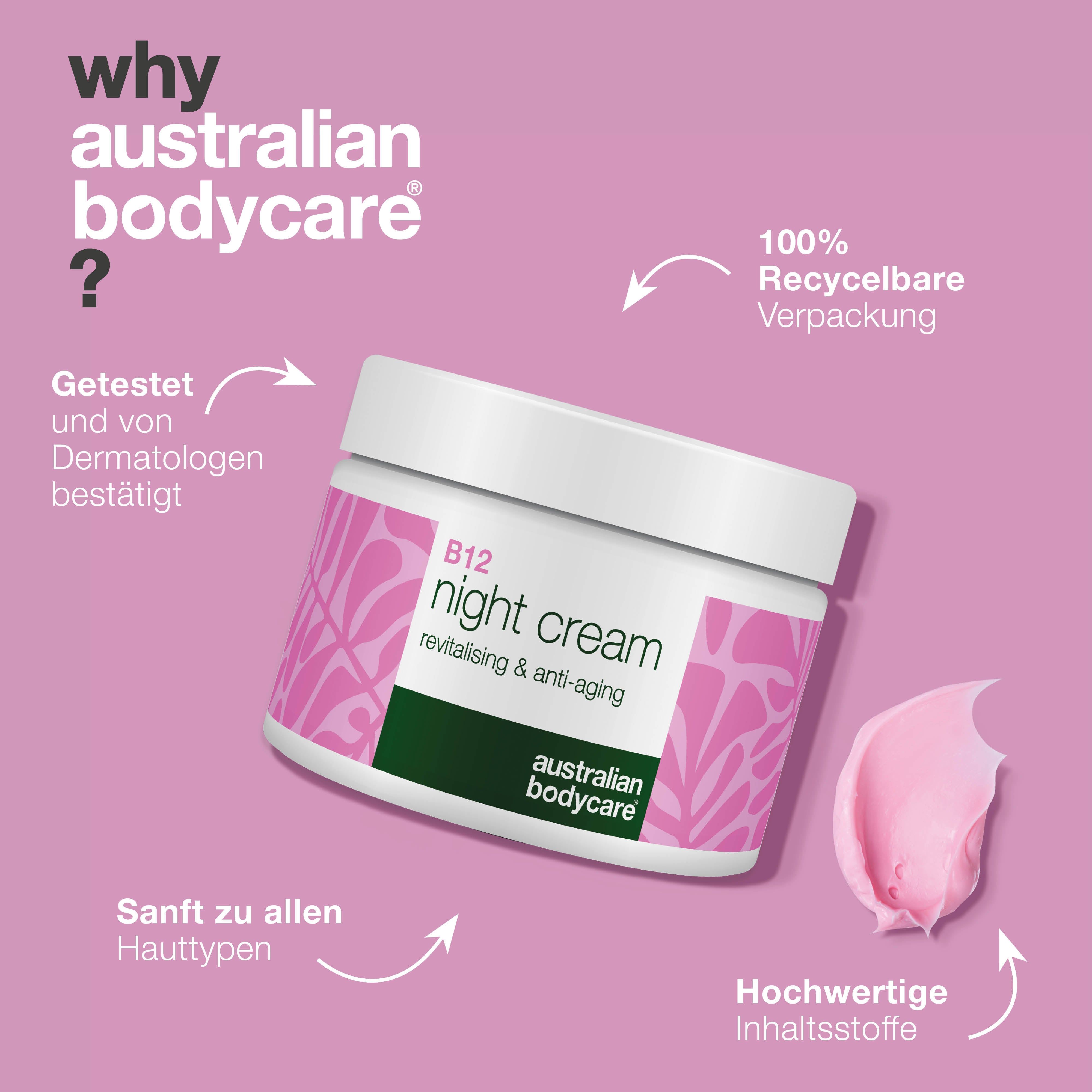 Creme-Tiegel, rosa Hintergrund. Text: Warum Australian Bodycare? Text und Pfeile.