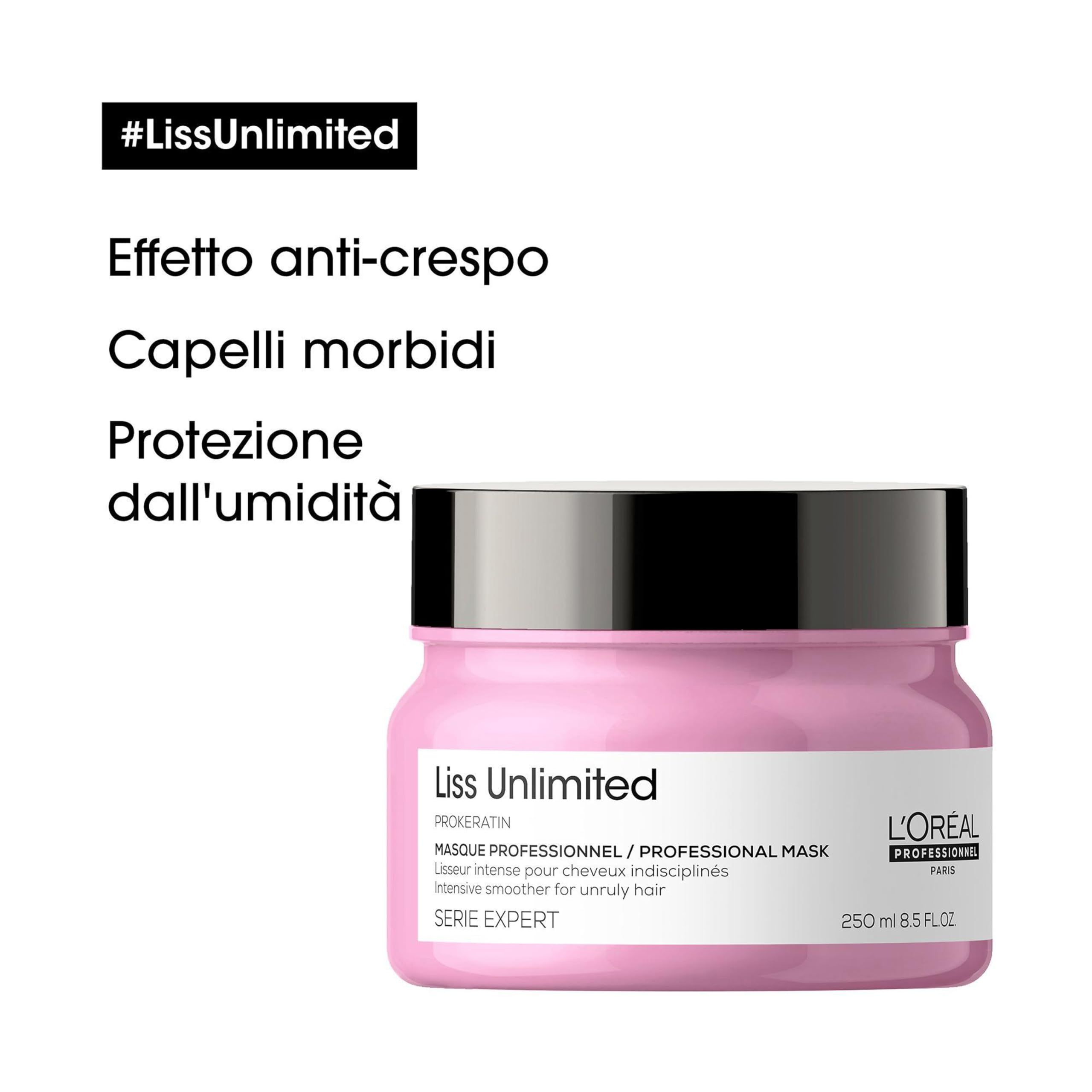 L'Oréal Liss Unlimited Maske: Anti-Frizz, weiches Haar, Feuchtigkeitsschutz.