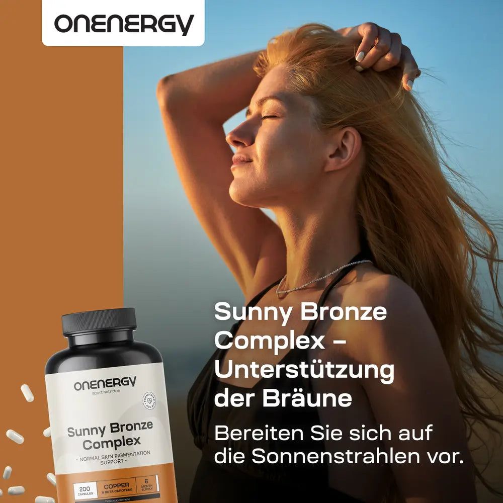 Drei Dosen OnEnergy Sunny Bronze Complex auf braunem Hintergrund.