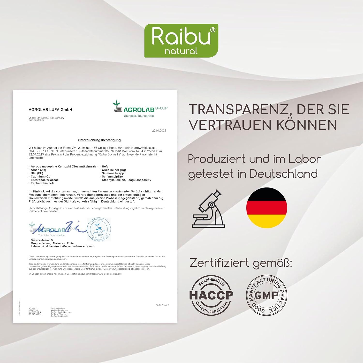 Zertifizierungsdokument mit Logo. Text: Transparenz, der Sie vertrauen können. Zertifiziert gemäß HACCP, GMP. Deutsches Flagge.