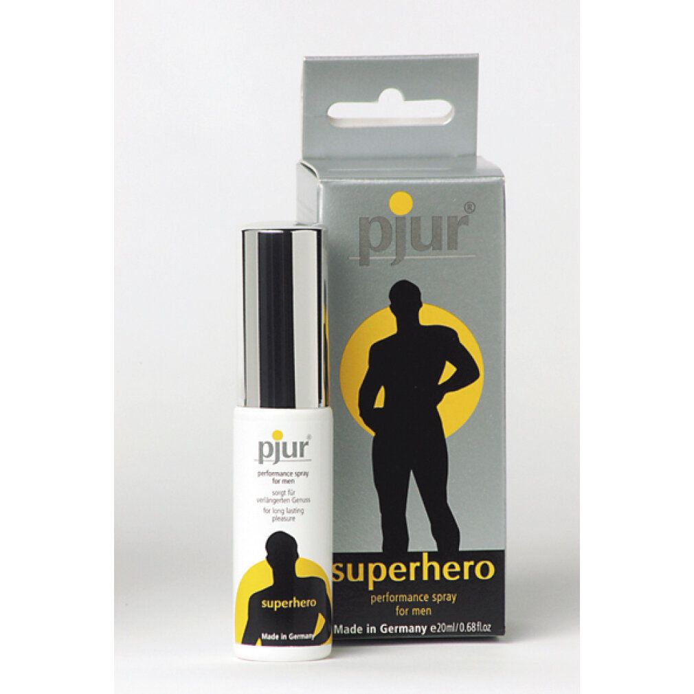 pjur superhero Performance Spray und Schachtel. Sprayflasche und Schachtel mit Text und Silhouette. Für Männer. Made in Germany.