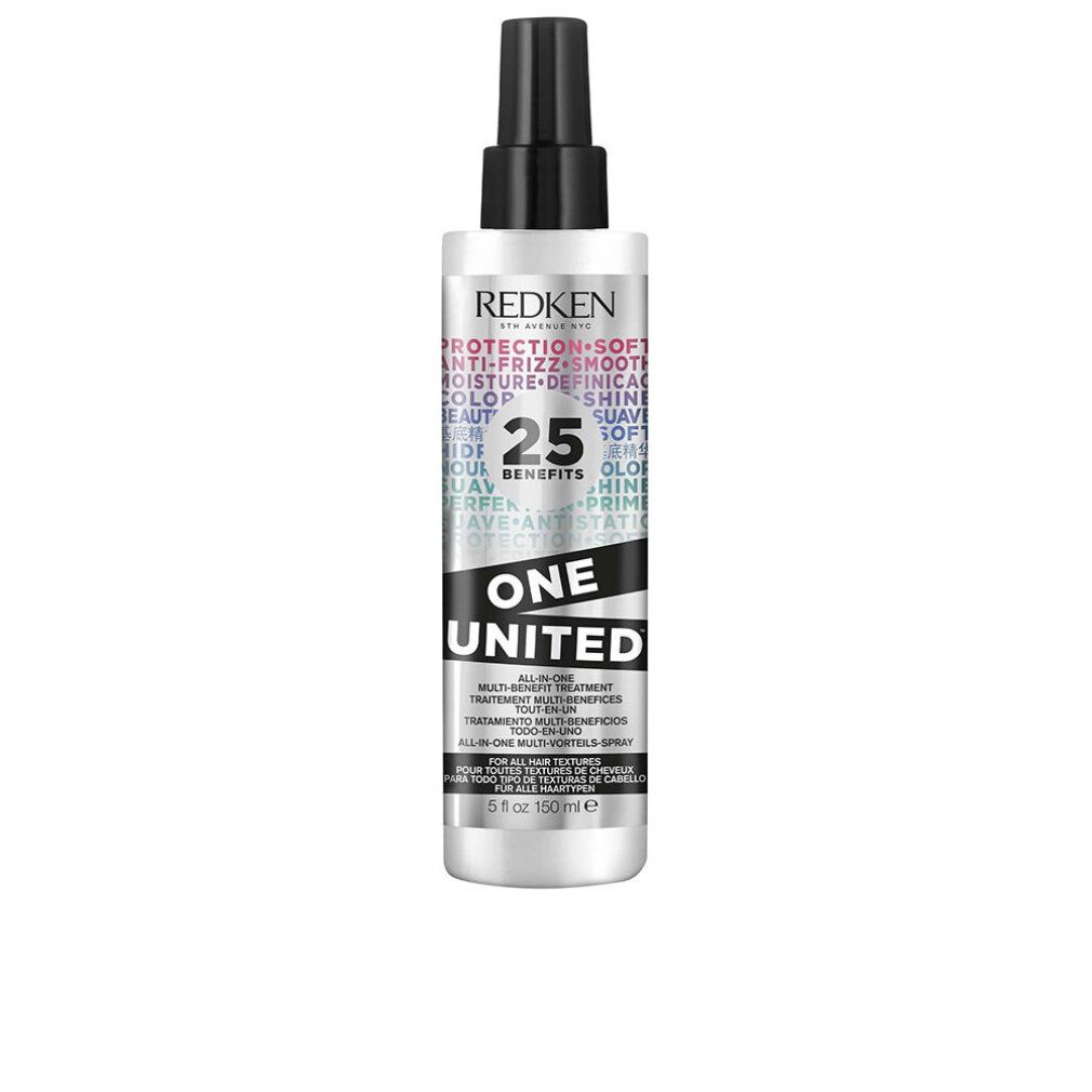 Haarspray-Flasche mit schwarzem Sprühkopf. Silberne Flasche mit Text. Marke Redken. Produktname: ONE UNITED. 25 Vorteile.