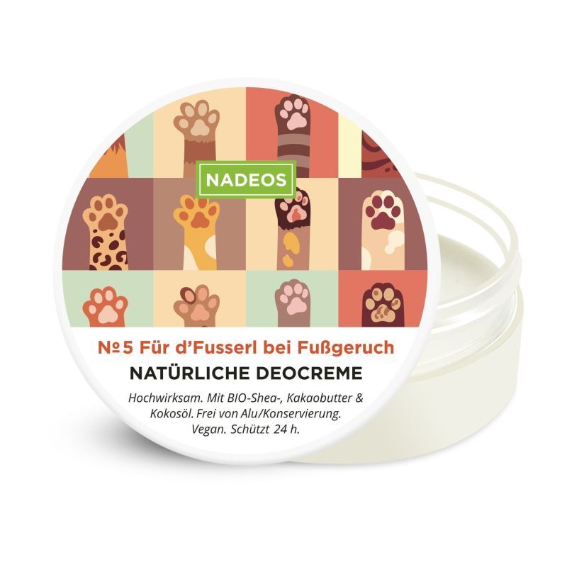 Runde Dose mit Deckel. Auf dem Deckel: Pfotenmuster und Schriftzug NADEOS. Text: Natürliche Deocreme. Vegan, schützt 24h.