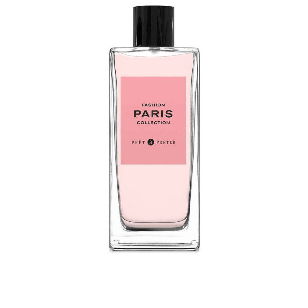 Glasflakon mit rosa Flüssigkeit, schwarzem Verschluss und rosa Etikett mit Text: Fashion Paris Collection Pret a Porter.