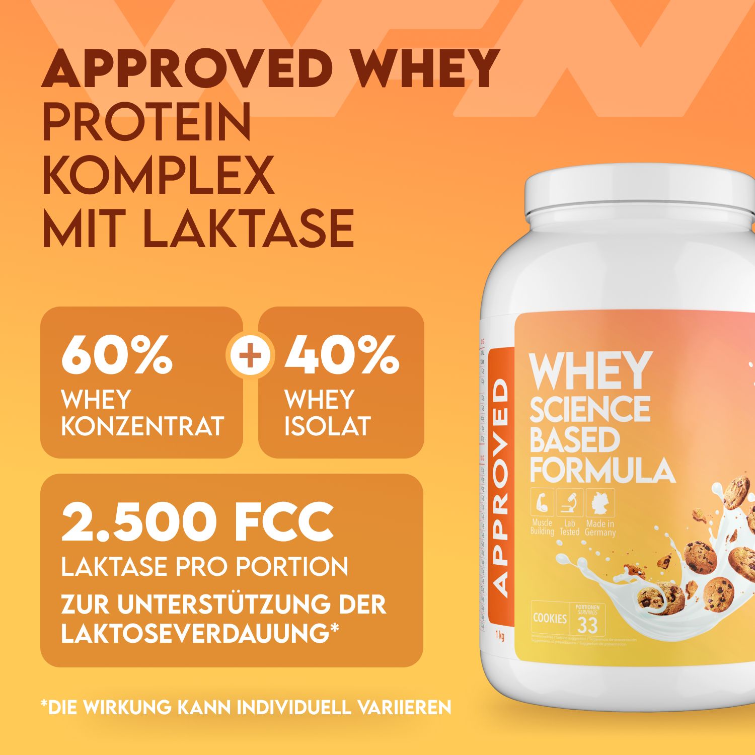 Weißes Whey-Protein-Pulver in Dose. Aufschrift: APPROVED WHEY. 60% Whey Konzentrat, 40% Whey Isolat. 2.500 FCC Laktase pro Portion.