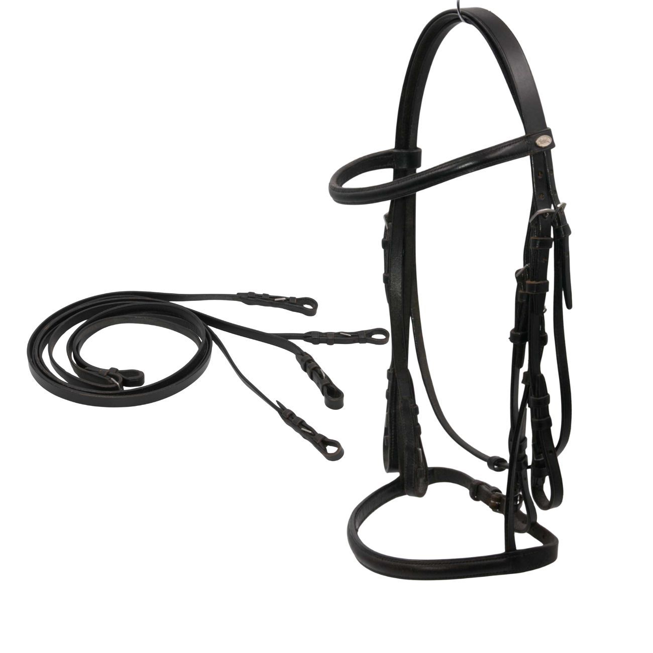 Schwarzer Kandarenzaum mit Zügeln. Einzelne Teile auf weißem Hintergrund.