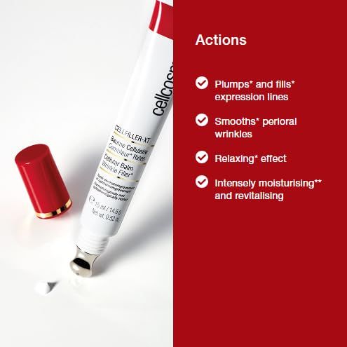 Tube mit roter Kappe und Applikator. Text: Cellcosmet Cellfiller-XT. Auf rotem Hintergrund: Aktionsliste.