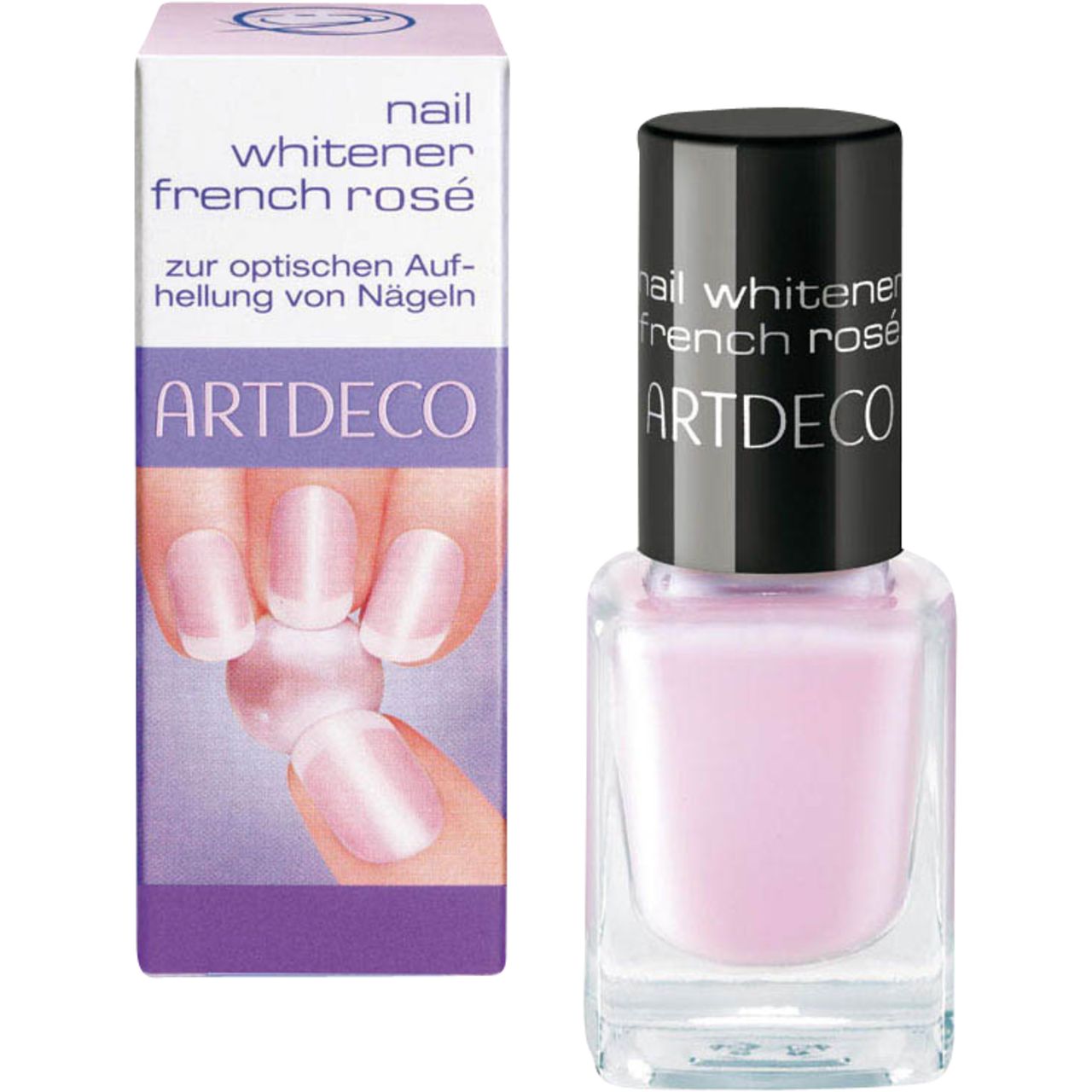 Artdeco Nail Whitener French Rosé. Flasche und Verpackung. Rosa Nagellack in quadratischer Flasche mit schwarzem Deckel. Verpackung mit Produktbild.