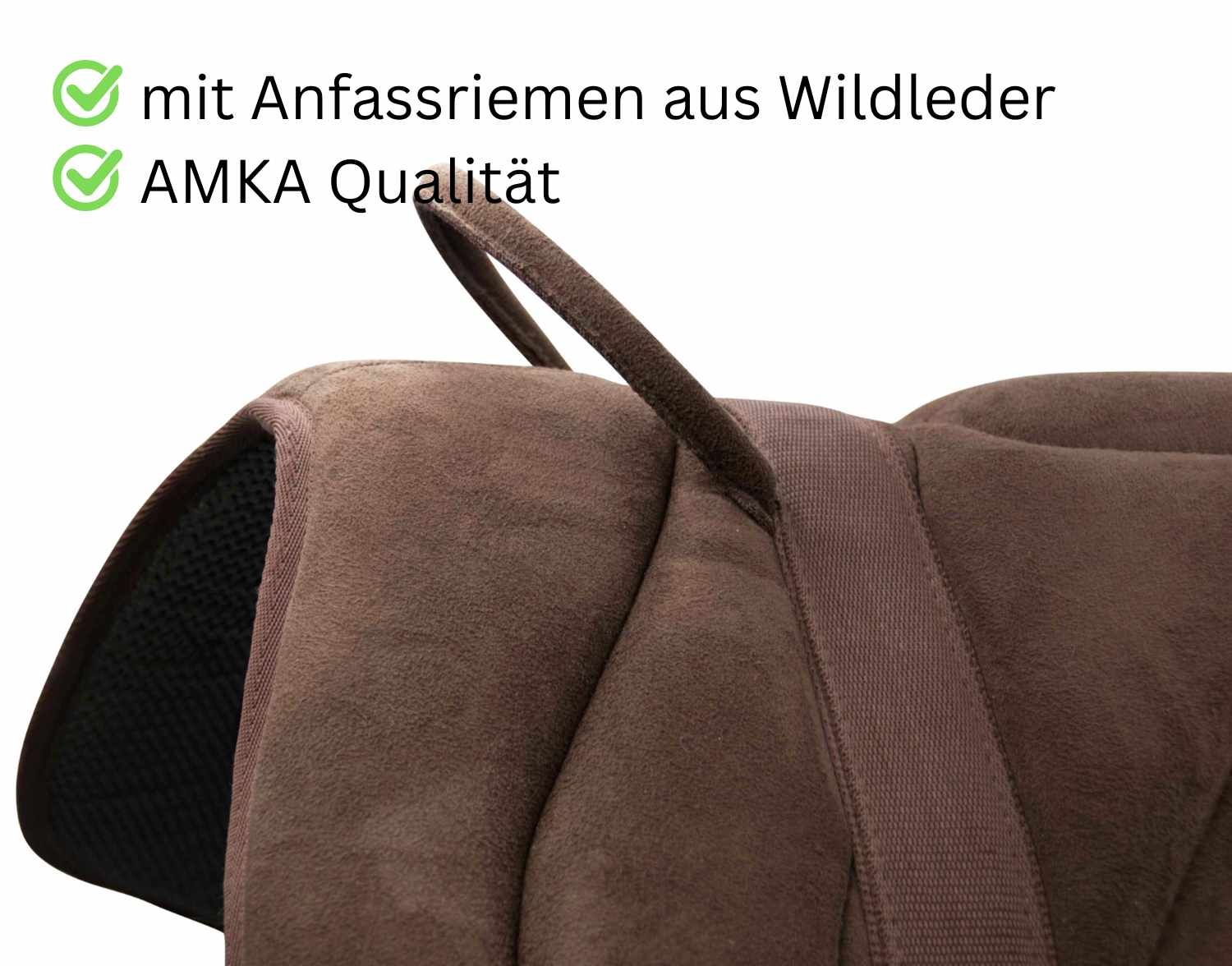 Detail des Reitpads mit Griff und AMKA-Qualität. Braunes Wildleder.