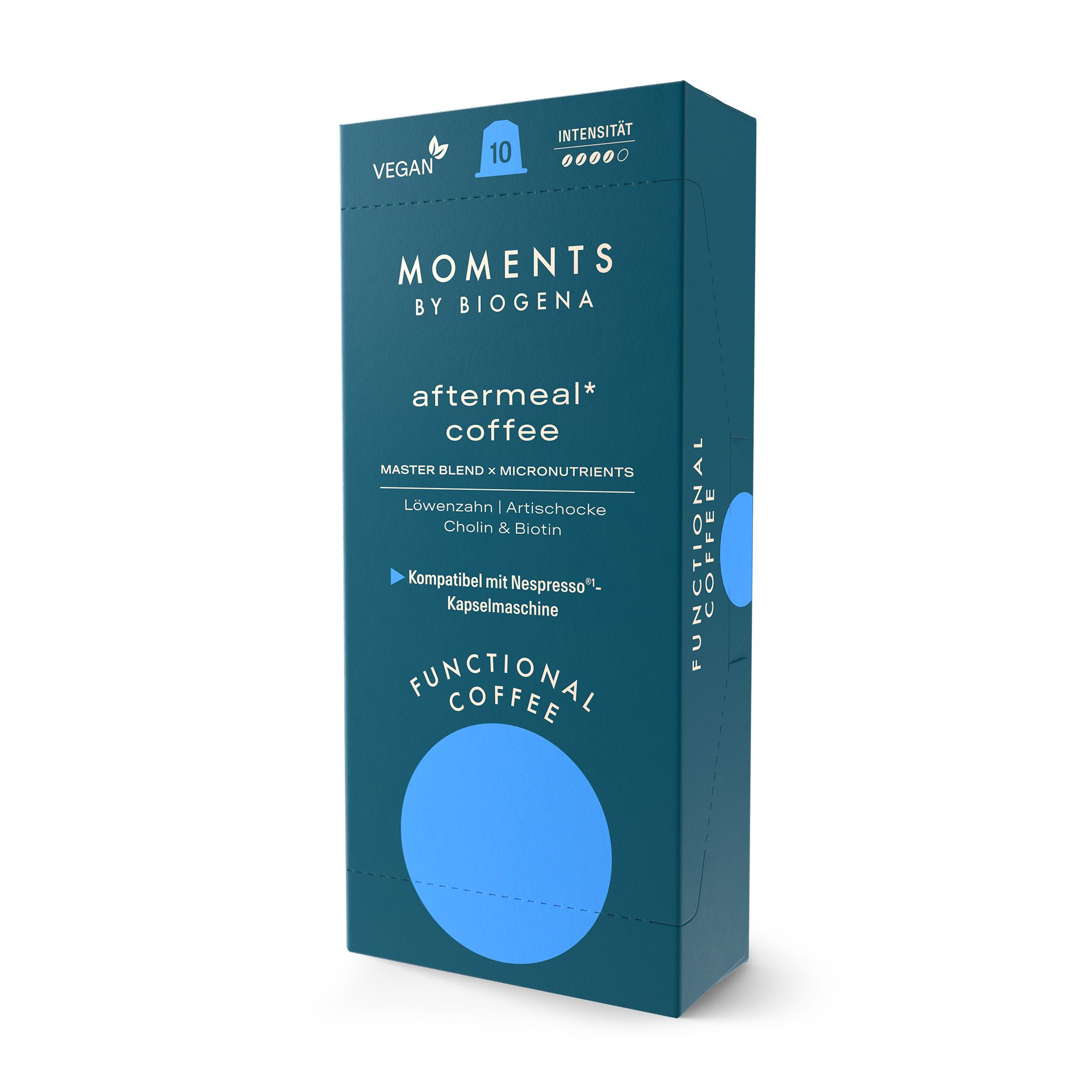 Blaue Kartonverpackung mit "Moments by BIOGENA aftermeal* coffee"-Logo. Enthält 10 Kapseln. Vegan.