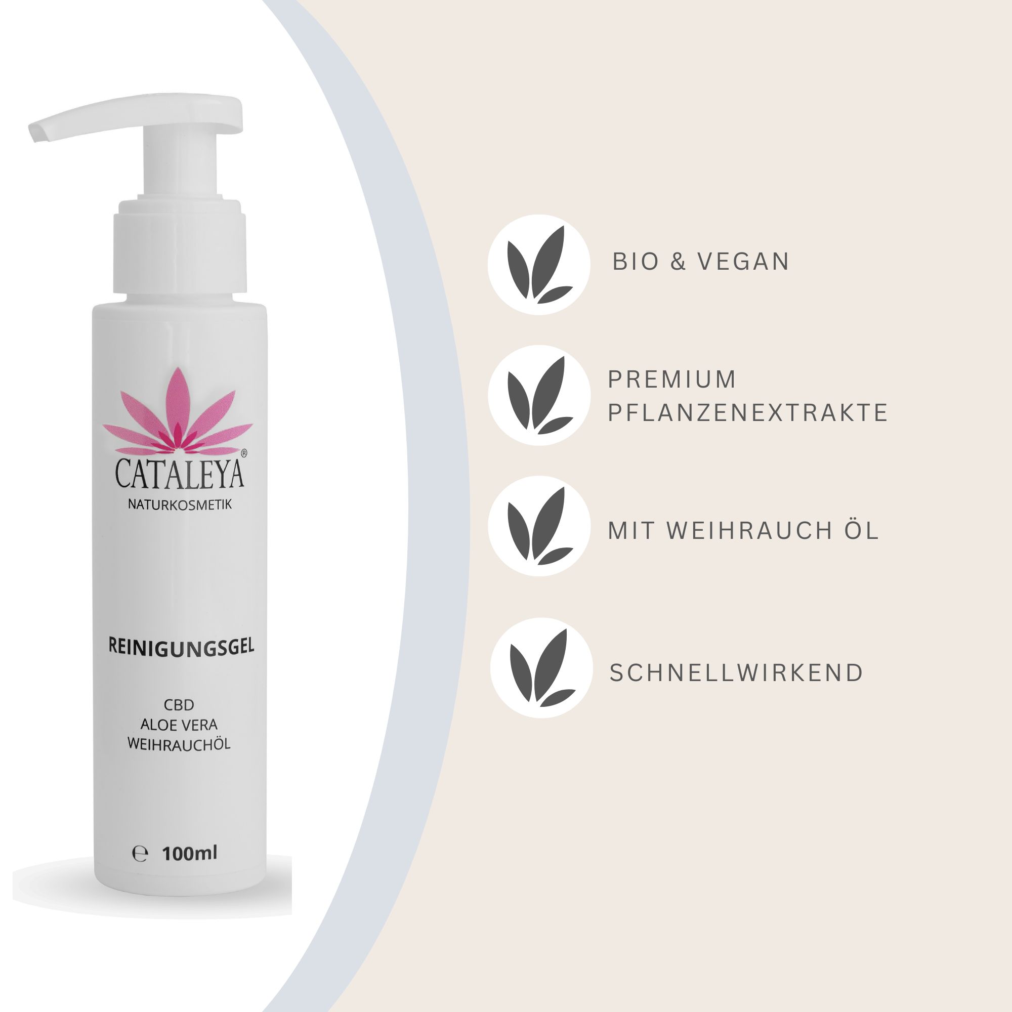 Weiße Flasche mit Pumpe. Aufschrift: CATALEYA NATURKOSMETIK, REINIGUNGSGEL, CBD, Aloe Vera, Weihrauchöl. Daneben: Bio & Vegan, Premium, Mit Weihrauch Öl, Schnellwirkend.