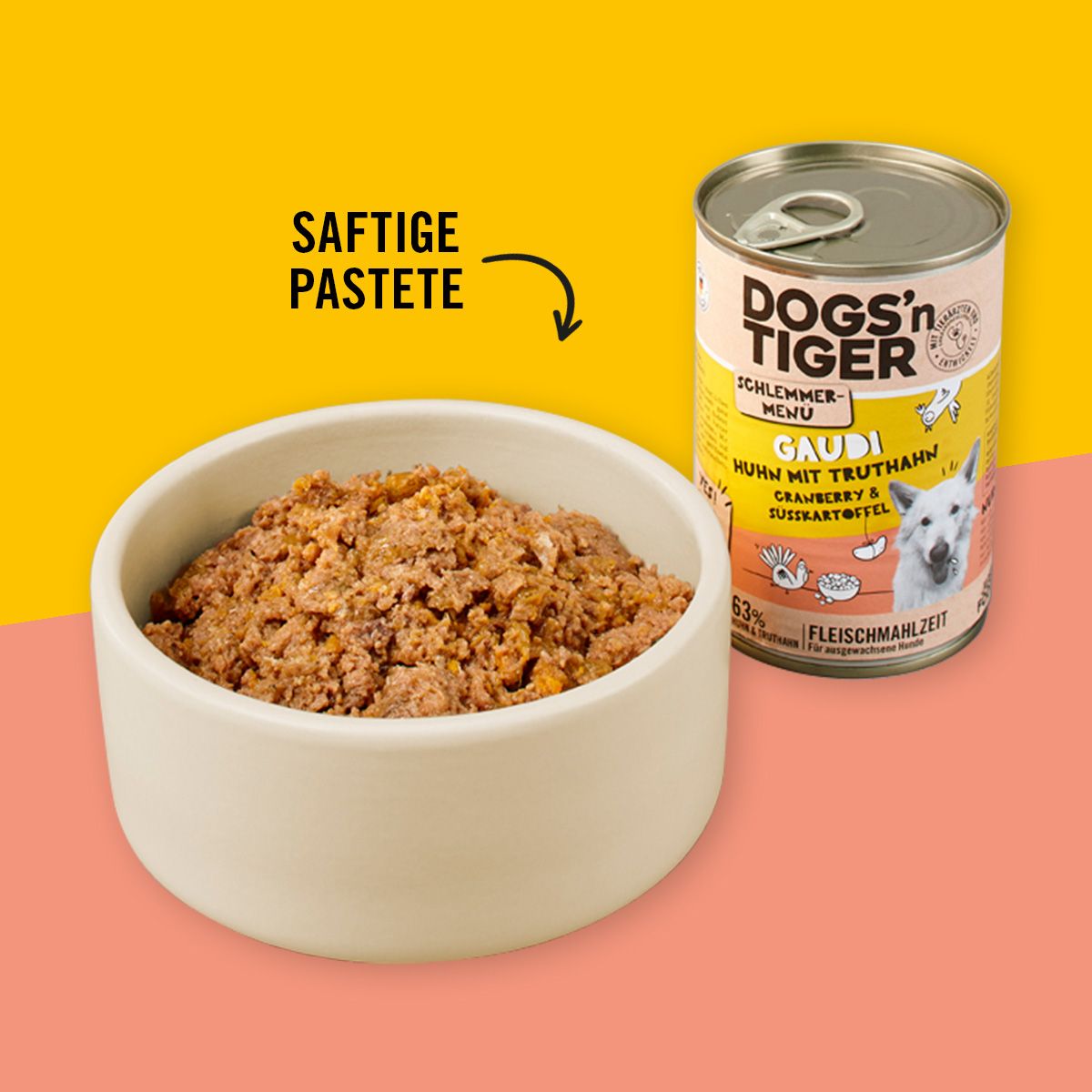 Hundefutterdose neben einer Schüssel mit Futter. Aufschrift: Dogs'n Tiger, Gaudi, Huhn mit Truthahn, Cranberry & Süßkartoffel.