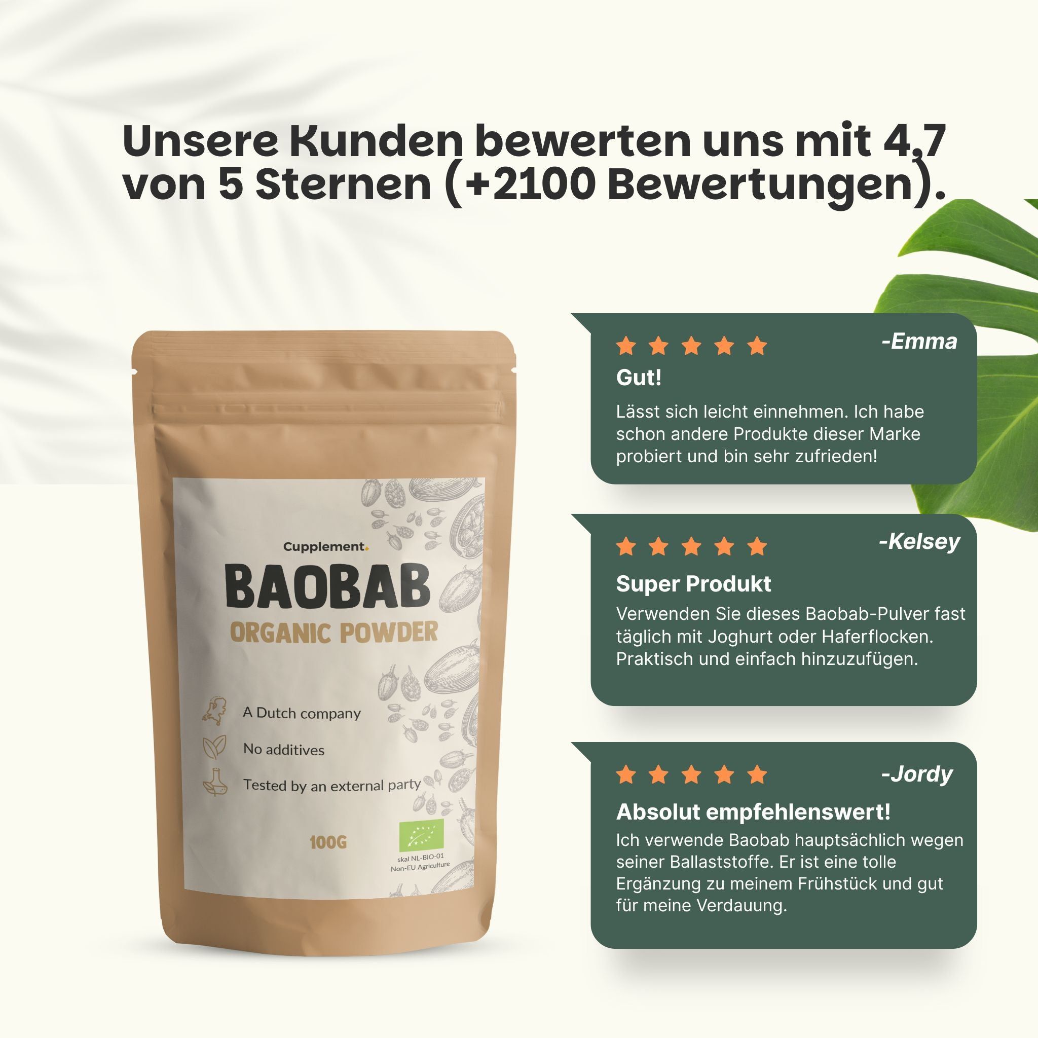 Beutel mit Cupplement Baobab Pulver. Kundenbewertungen: 4.7/5 Sterne. Zitate von Kunden.