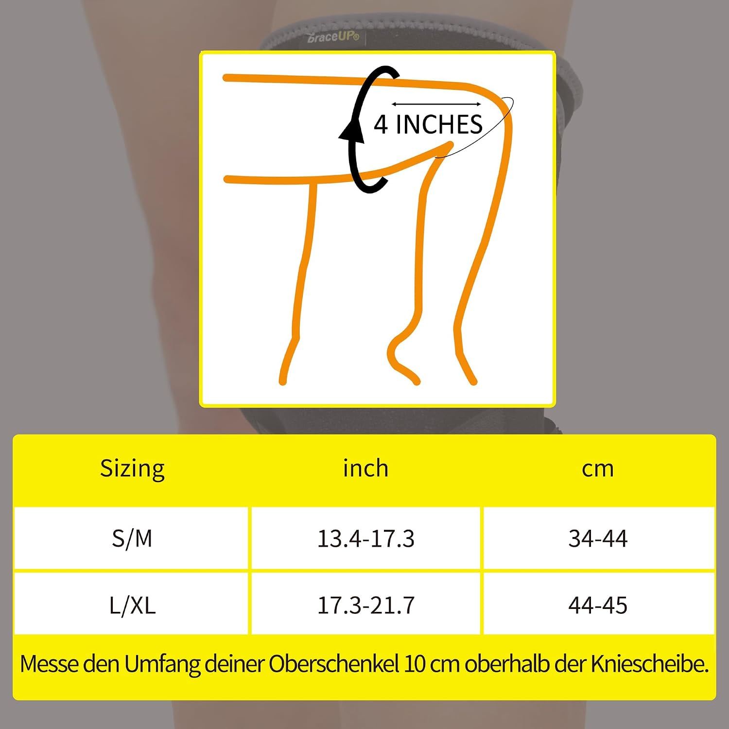 Größentabelle für Kniebandagen: S/M (13.4-17.3 Zoll), L/XL (17.3-21.7 Zoll).