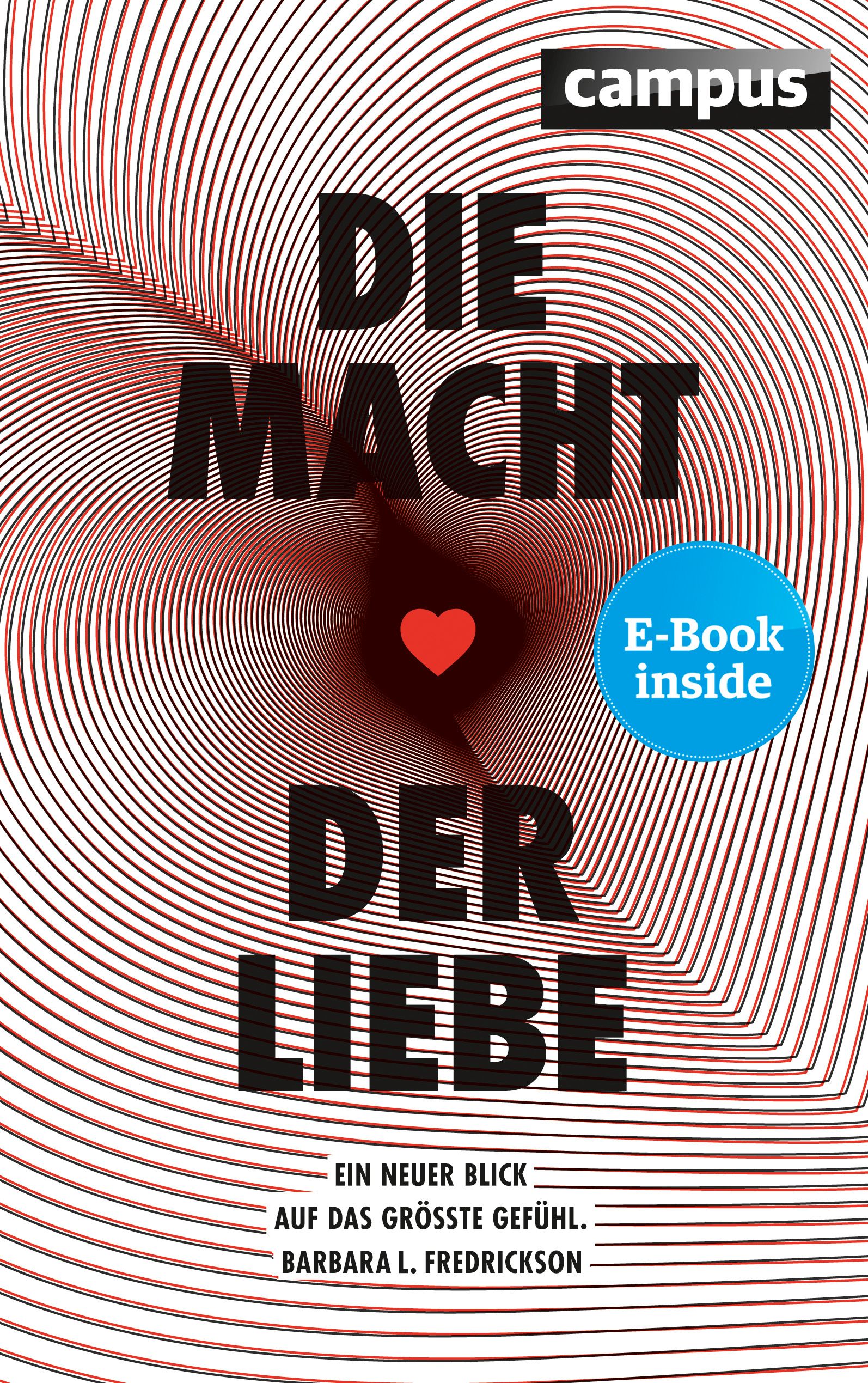 Buchcover mit Titel "Die Macht der Liebe". Roter Hintergrund mit Wirbelmuster. Schwarze Schrift, rotes Herz. "E-Book inside"-Button.