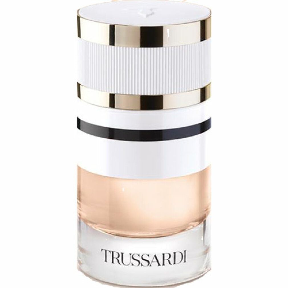 Zylindrische Flasche mit weißem, goldenem und schwarzem Design. Unten steht "TRUSSARDI".