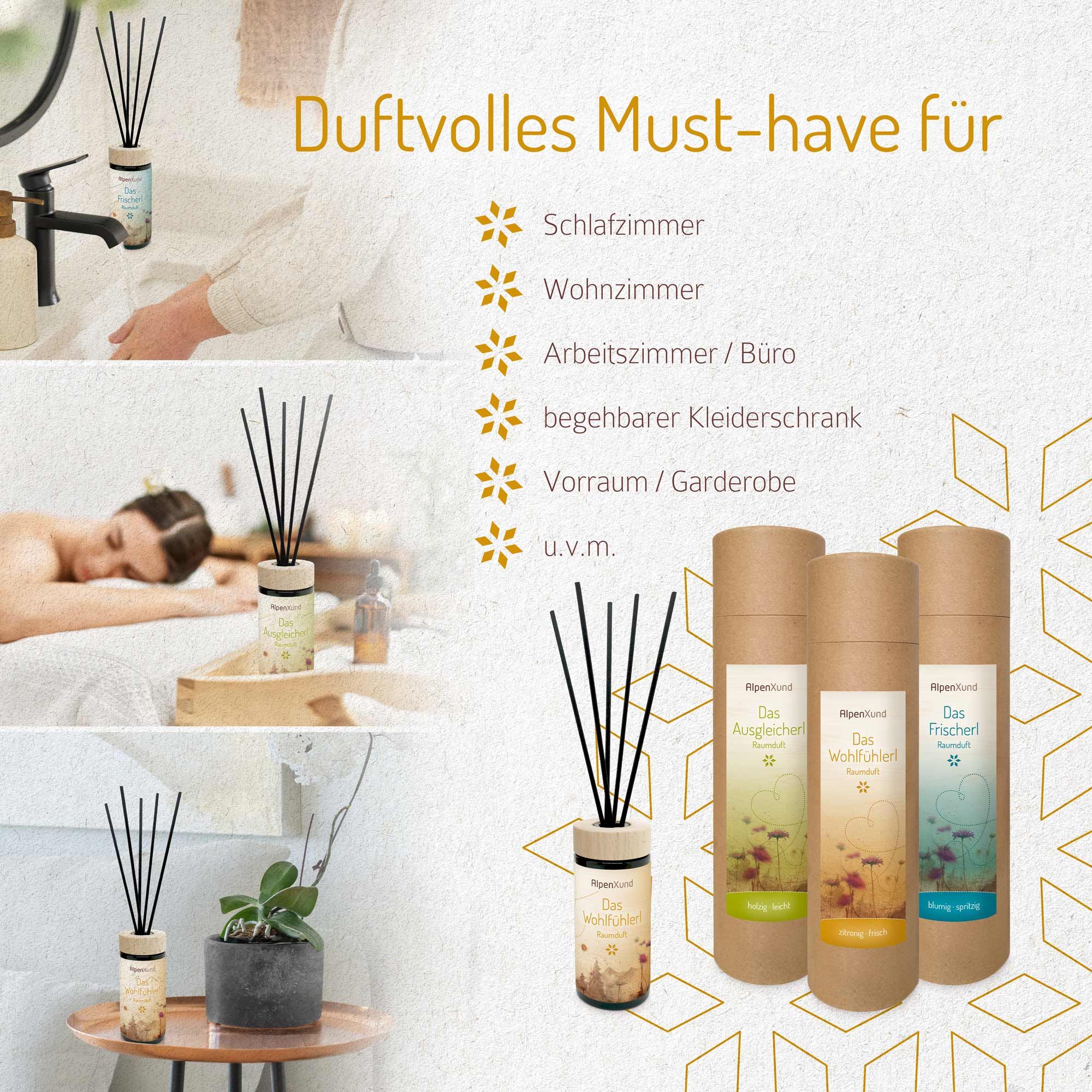 Raumduft-Diffusor in verschiedenen Umgebungen: Schlafzimmer, Wohnzimmer, Büro, Garderobe. Produkt neben Personen und in verschiedenen Kontexten. Aufschrift: AlpenXund, Das Ausgleicherl.