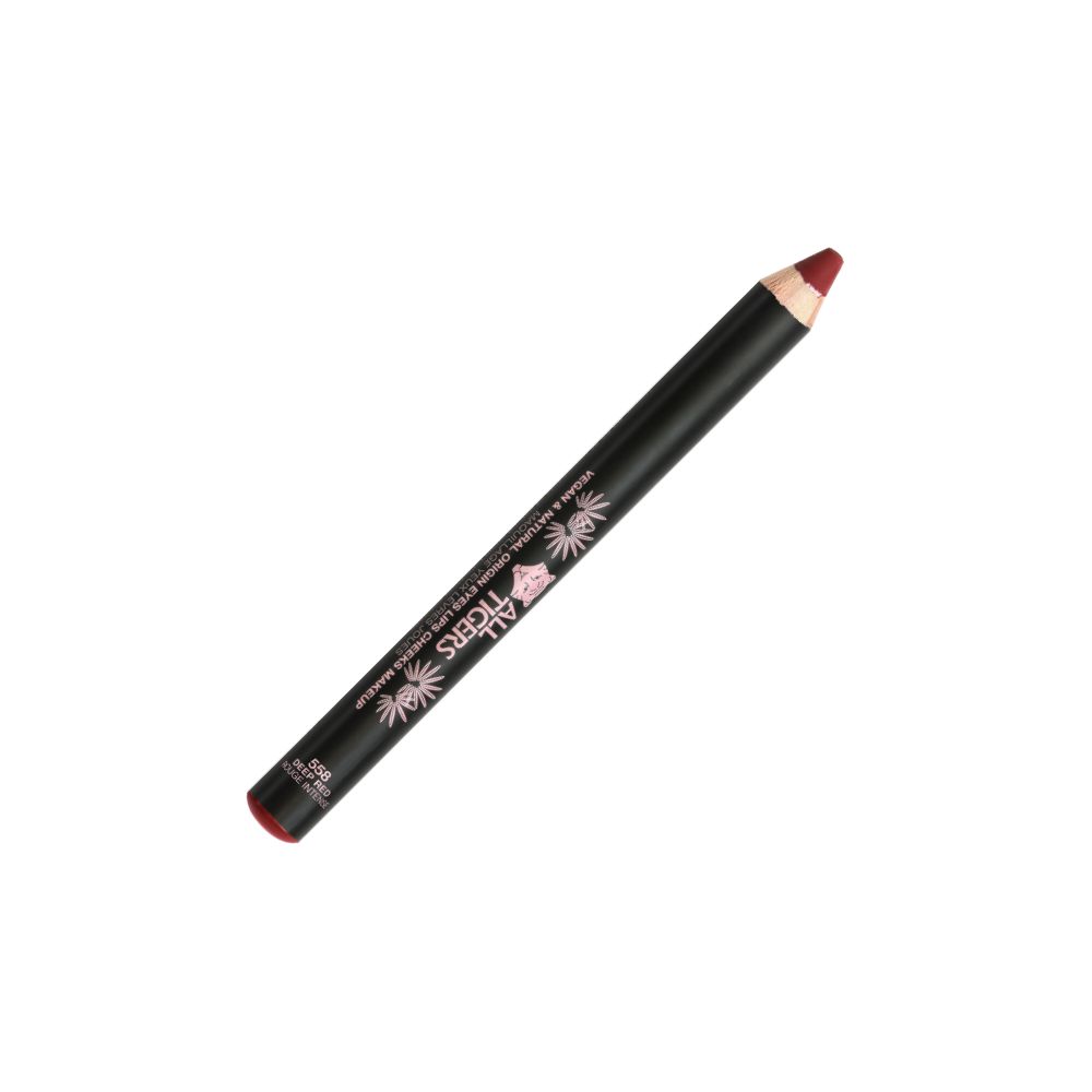 Schwarzer Kosmetikstift mit roter Spitze. Aufschrift: ALL TIGERS. Vegan & Natural Eye, Cheek, Lip Dresser Makeup.