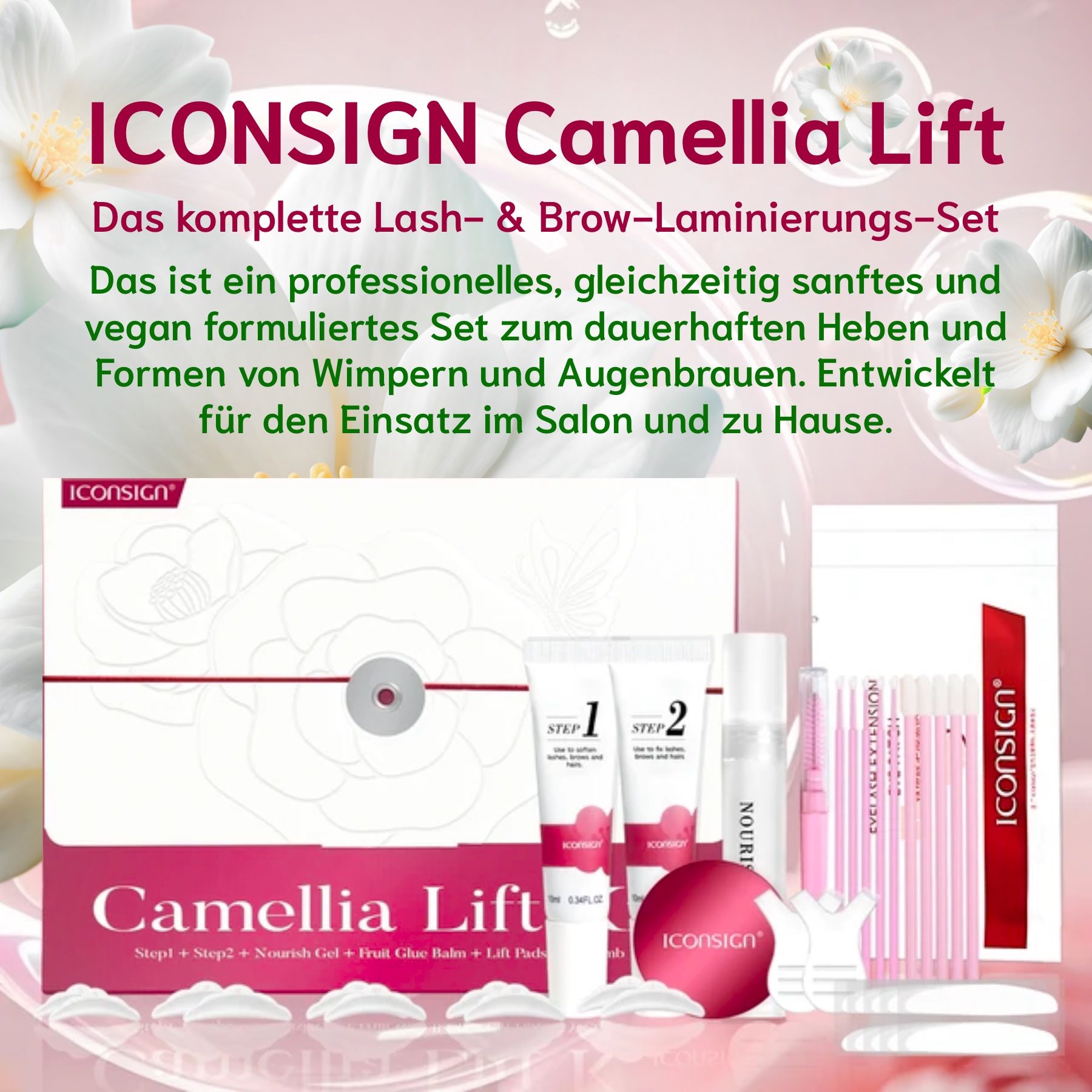 Komplettes Set zur Wimpern- und Augenbrauenlaminierung. Enthält Cremes, Pads, Bürsten und Zubehör. Rosa und weiße Verpackung.