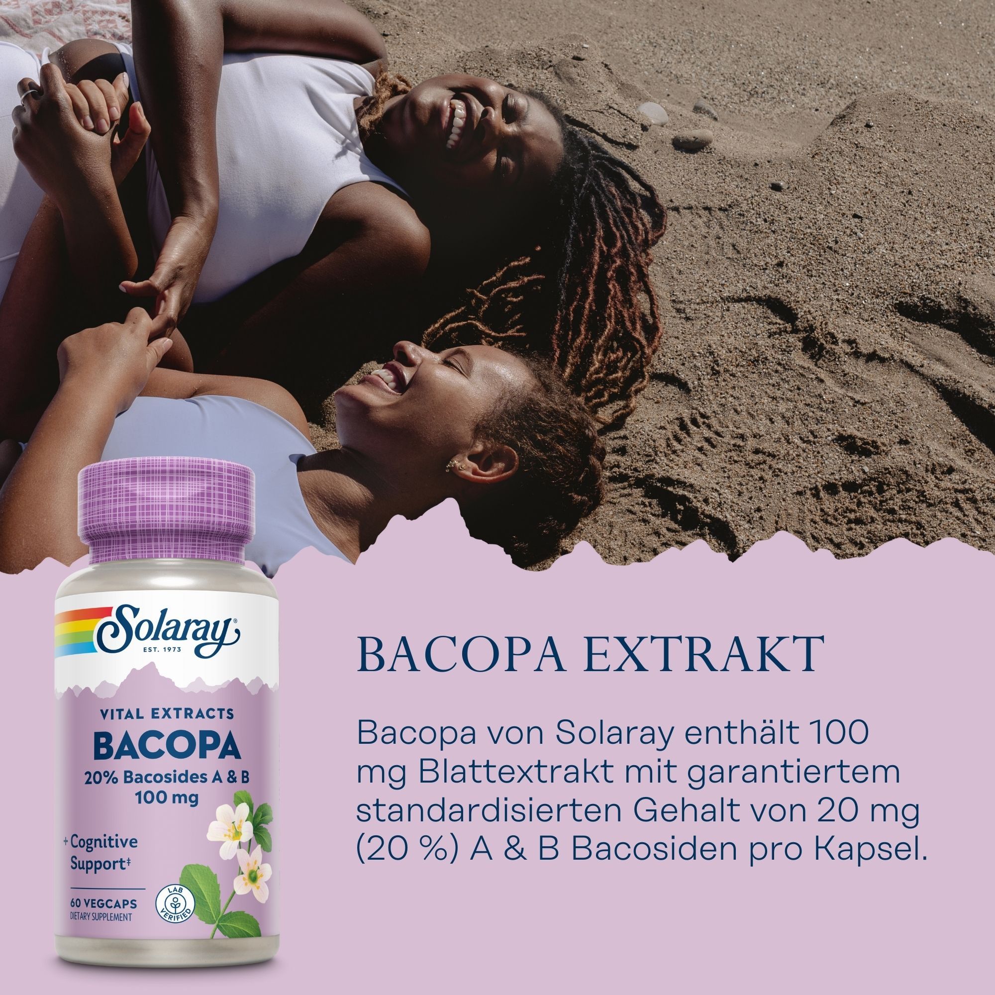 Solaray Bacopa Extrakt-Kapseln. Lila Deckel, weißes Etikett mit Produktnamen und Inhaltsstoffen. 60 Kapseln. Hintergrund: Menschen am Strand.