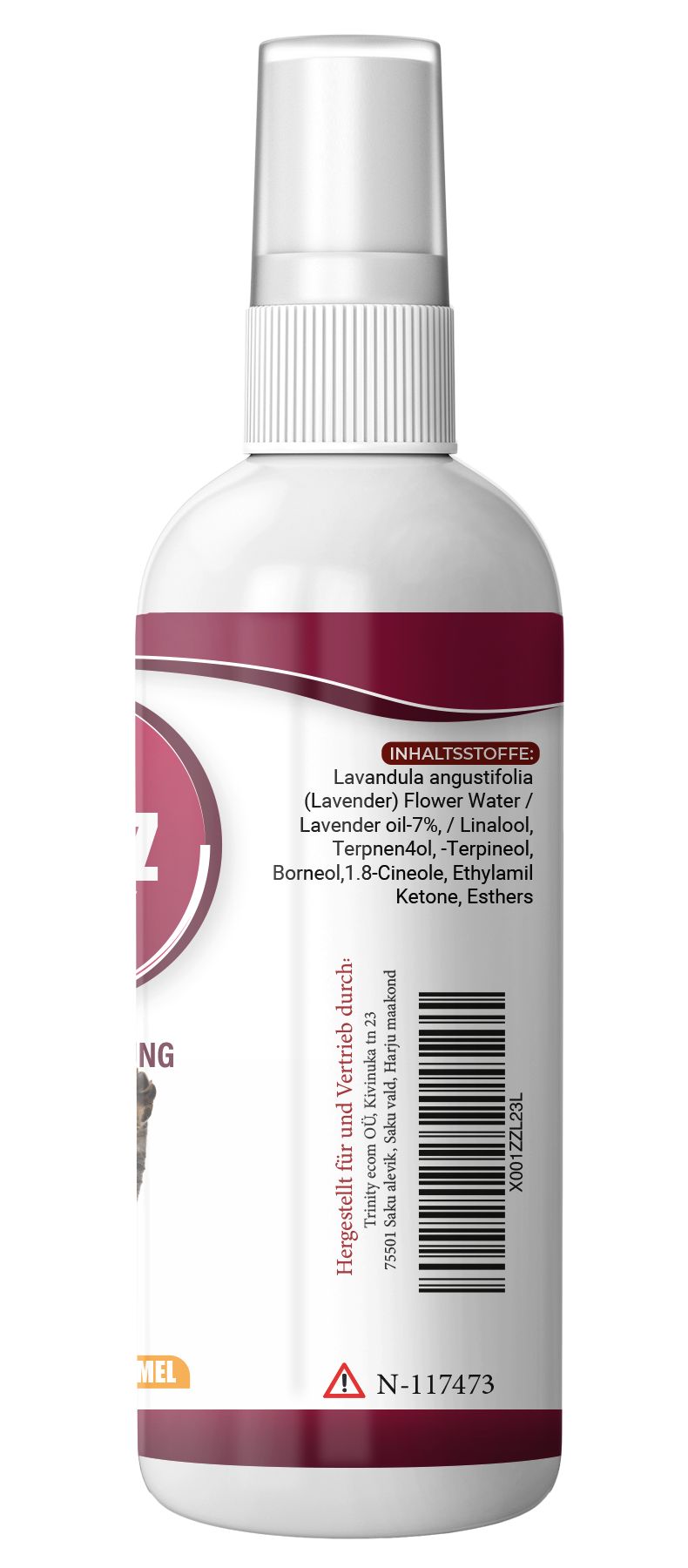 Rückseite einer weißen Sprühflasche. Text: Inhaltsstoffe, hergestellt für, N-117473, Barcode.
