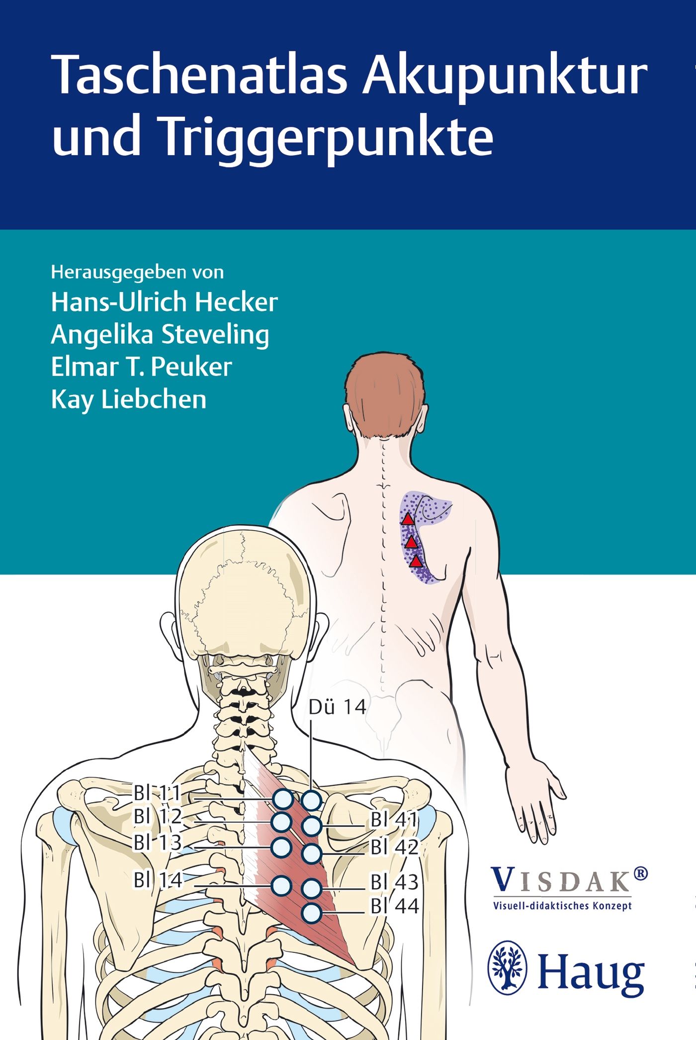 Buchcover mit Titel "Taschenatlas Akupunktur und Triggerpunkte". Illustrationen von Akupunkturpunkten und menschlicher Anatomie.