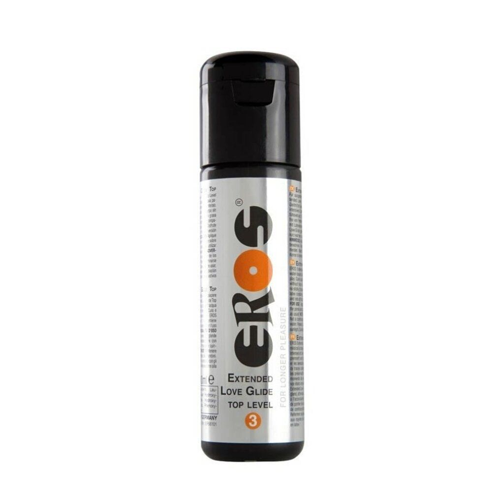 Zylindrische Flasche mit schwarzem Deckel. Aufschrift "EROS" mit orangefarbenem Kreis. Text: "Extended Love Glide Top Level 3".