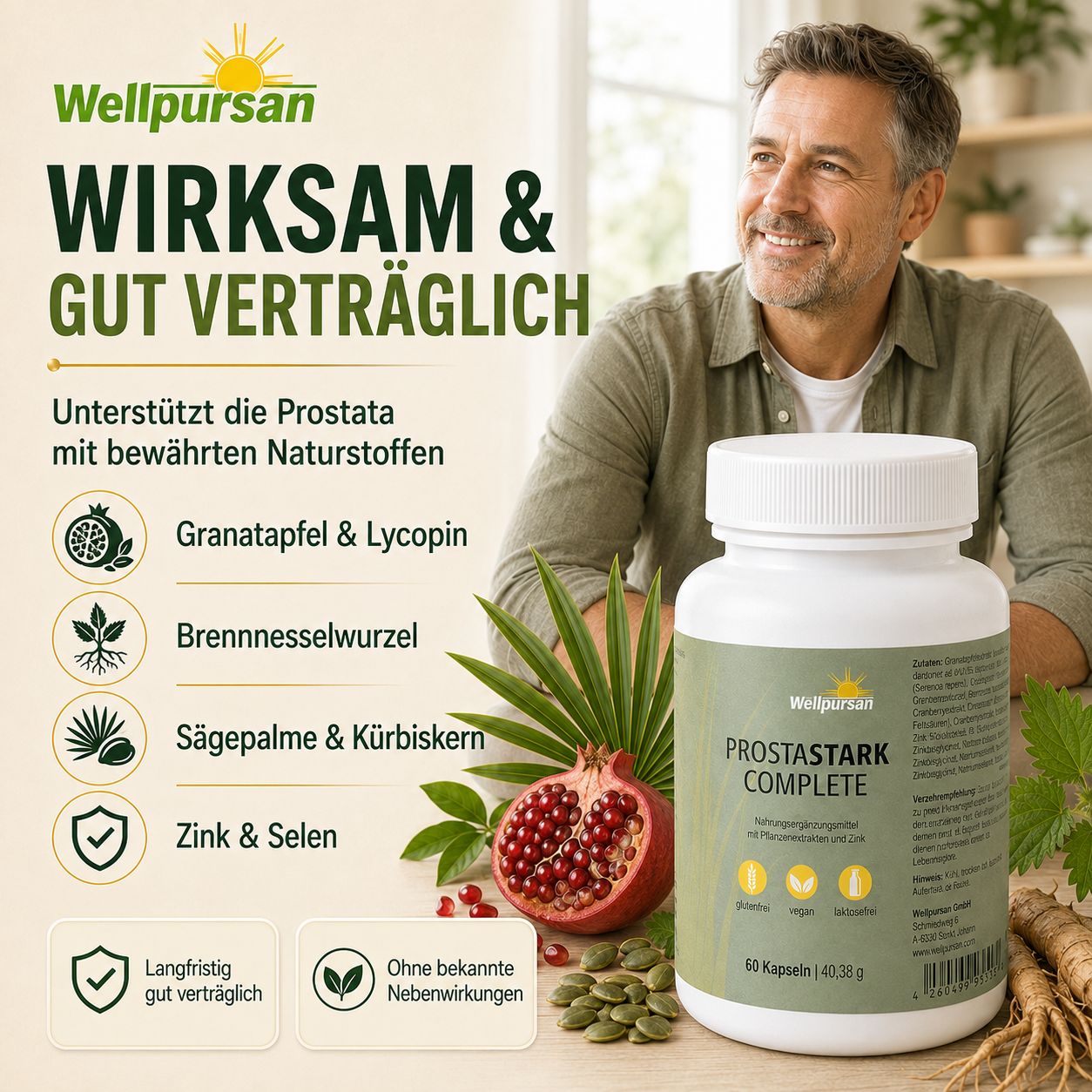 Wellpursan Prostastark Complete Dose mit Granatapfel, Brennnessel, Sägepalme, Kürbiskernen, Zink & Selen.
