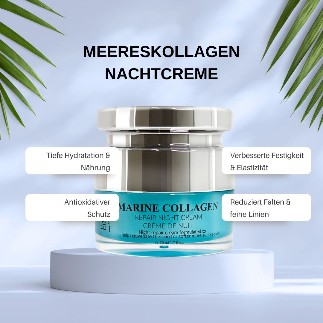 Creme-Glas auf Podest. Marine Collagen Repair Night Cream. Türkis-farbener Aufdruck. ErthSkin London. Text: Meereskollagen Nachtcreme.