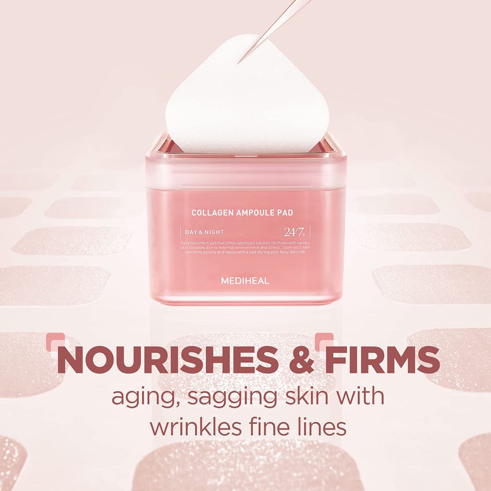 Rosa Dose mit Pad, Pinzette. MEDIHEAL Collagen Ampoule Pad. Text: Nourishes & Firms. Alternde Haut.
