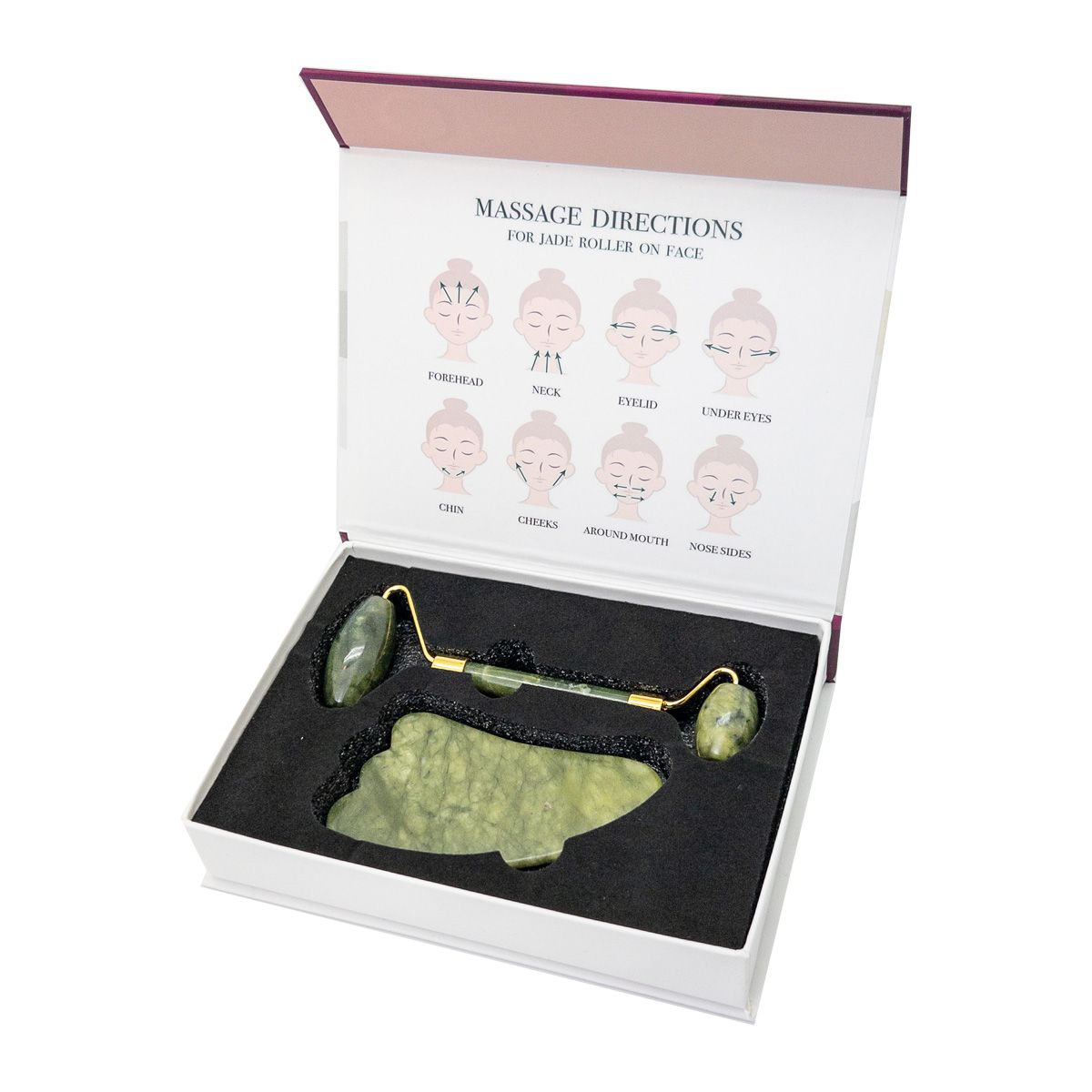 Geöffnetes UNIQ Jade Roller + Guasha Stone Set in Mineralgrün. Enthält Anleitung zur Gesichtsmassage.