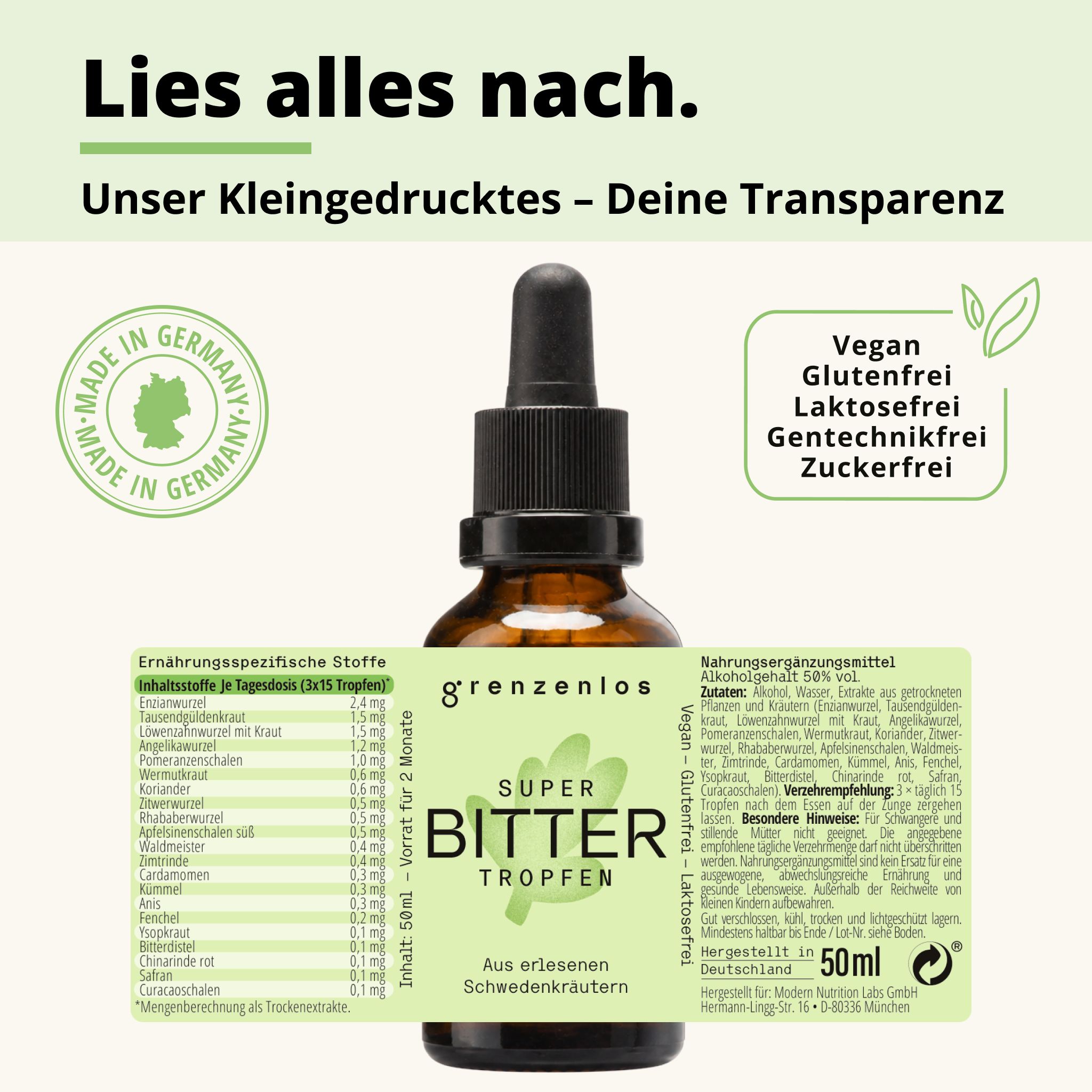 Flasche Super Bitter Tropfen mit Pipette. Etikett mit Nährwertangaben und Siegeln 'Made in Germany'.
