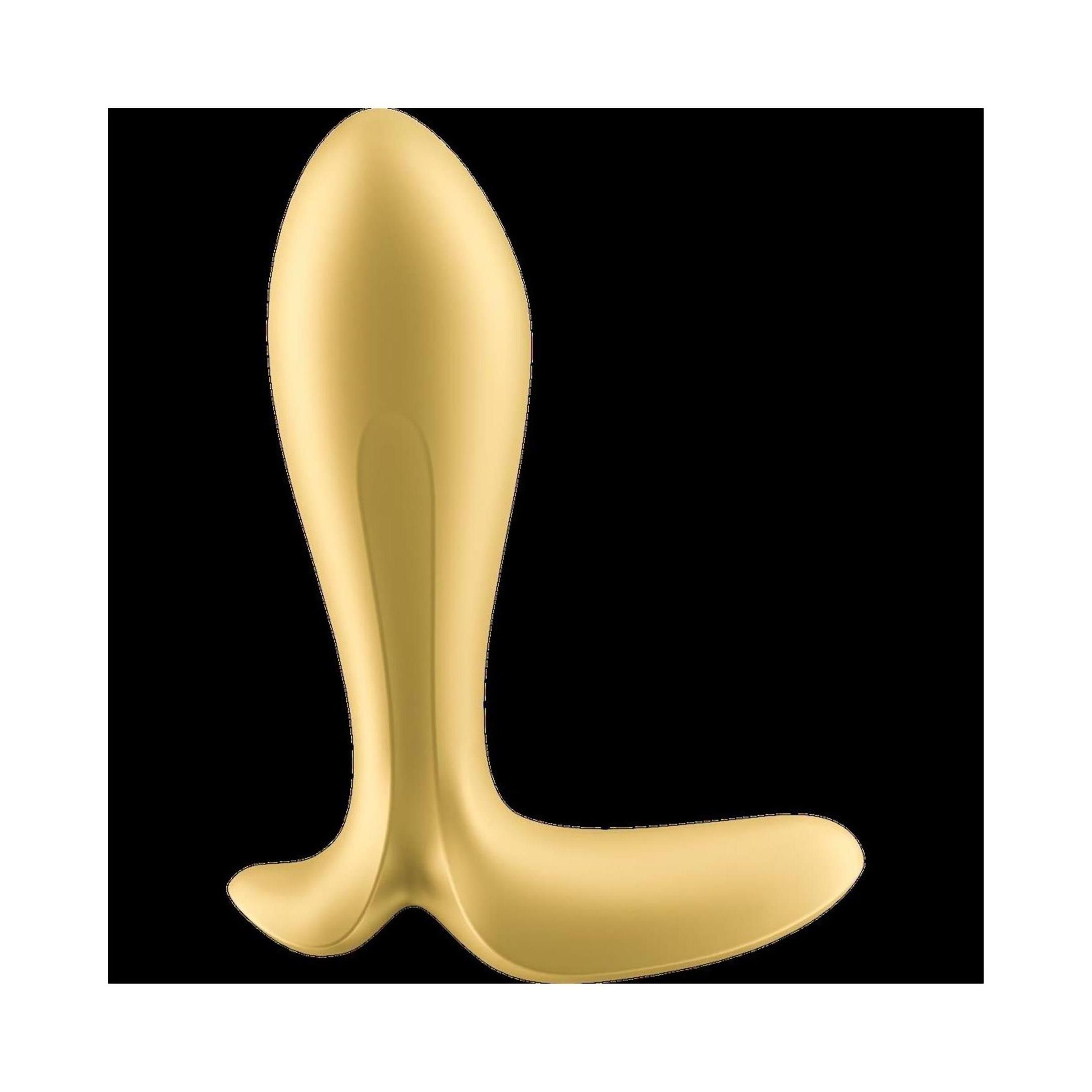 Goldfarbener Plug. Tropfenförmiger Schaft, breite Basis. Glatte Oberfläche.