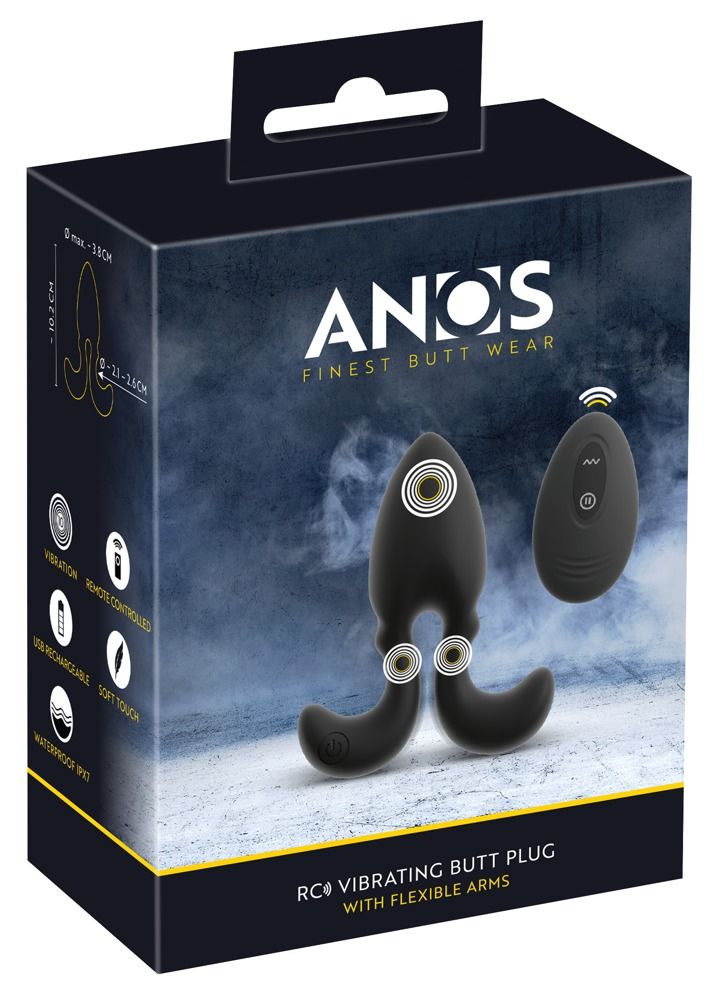 Verpackung eines schwarzen Analplugs mit flexiblen Armen und Fernbedienung. Enthält Produktinformationen und Markenzeichen.