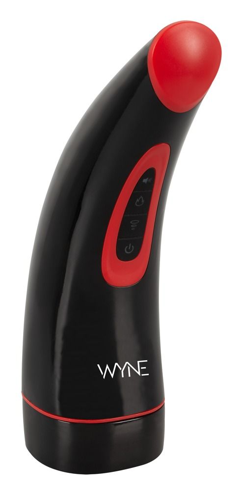 Schwarzes Masturbationsgerät mit roter Akzentfarbe und Bedienfeld. Marke: WYNE.
