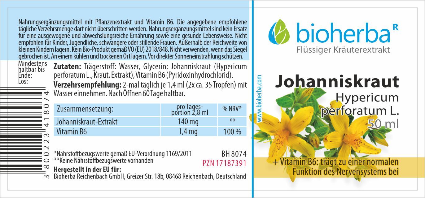 Etikett mit Produktinformationen. Text: Bioherba Johanniskraut, Vitamin B6. Inhaltsstoffe, Verzehrempfehlung. Gelbe Blütenabbildung.