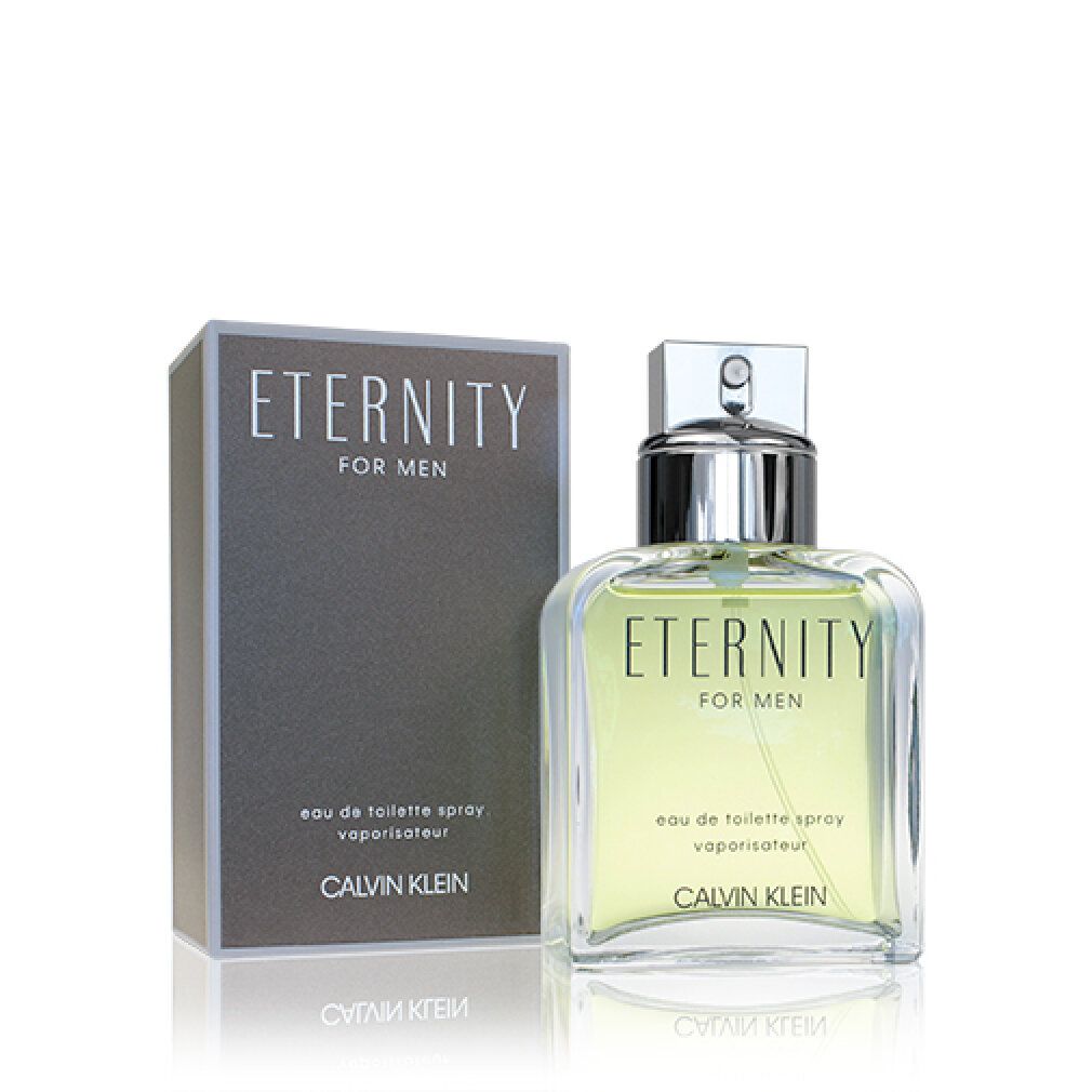 Eau de Toilette Spray mit Verpackung. Aufschrift: Eternity for Men, Calvin Klein. Flakon mit silbernem Verschluss.
