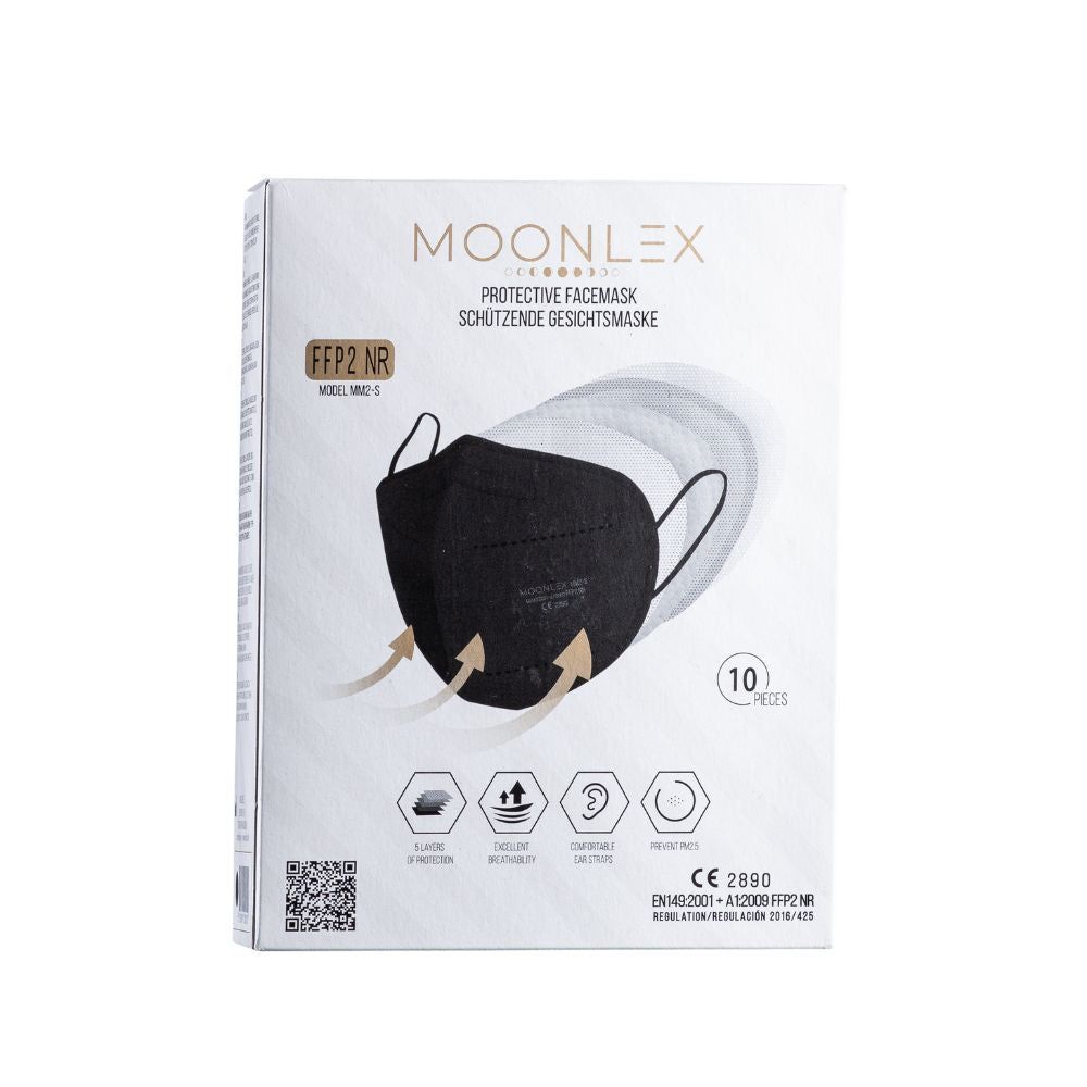 Verpackung mit schwarzer FFP2-Maske. Marke: Moonlex. 10 Stück. Zertifizierung CE 2890. Schutzmaske.