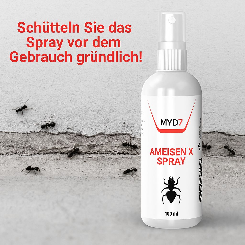 Weiße Sprühflasche mit roter und schwarzer Beschriftung. Enthält "MYD7", "AMEISEN X SPRAY" und ein Ameisensymbol. 100 ml. Text: "Schütteln Sie das Spray vor dem Gebrauch gründlich!"