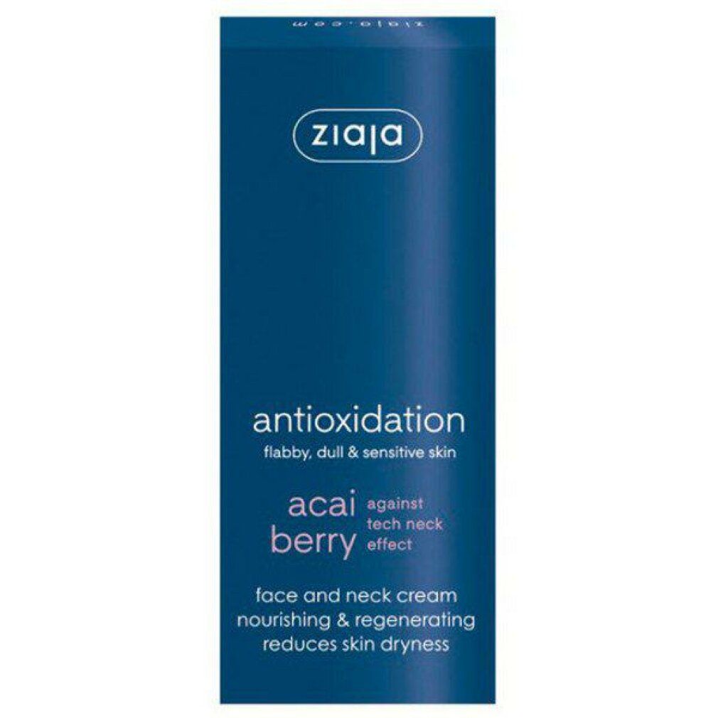 Ziaja-Produktverpackung. Blaue Schachtel mit Text: Antioxidationsmittel, Acai Berry, Gesichts- und Nackencrème. Logo: Ziaja.