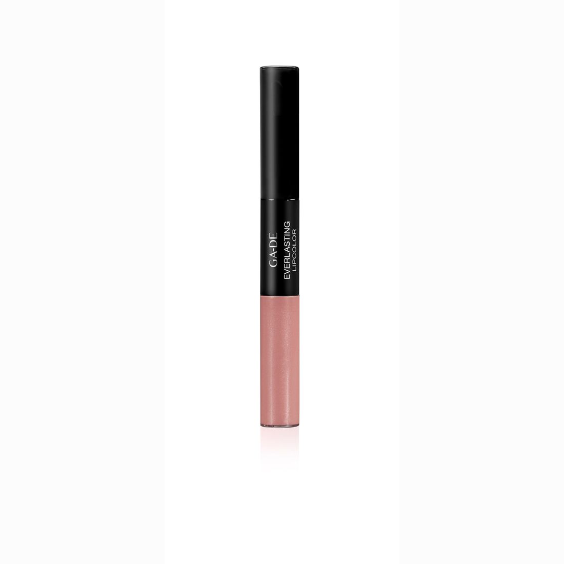 Ga-De Everlasting Lipcolor. Doppelendiger Lippenstift mit schwarzem Deckel und rosafarbenem Lippenstift. Aufschrift: Ga-De, Everlasting Lipcolor.