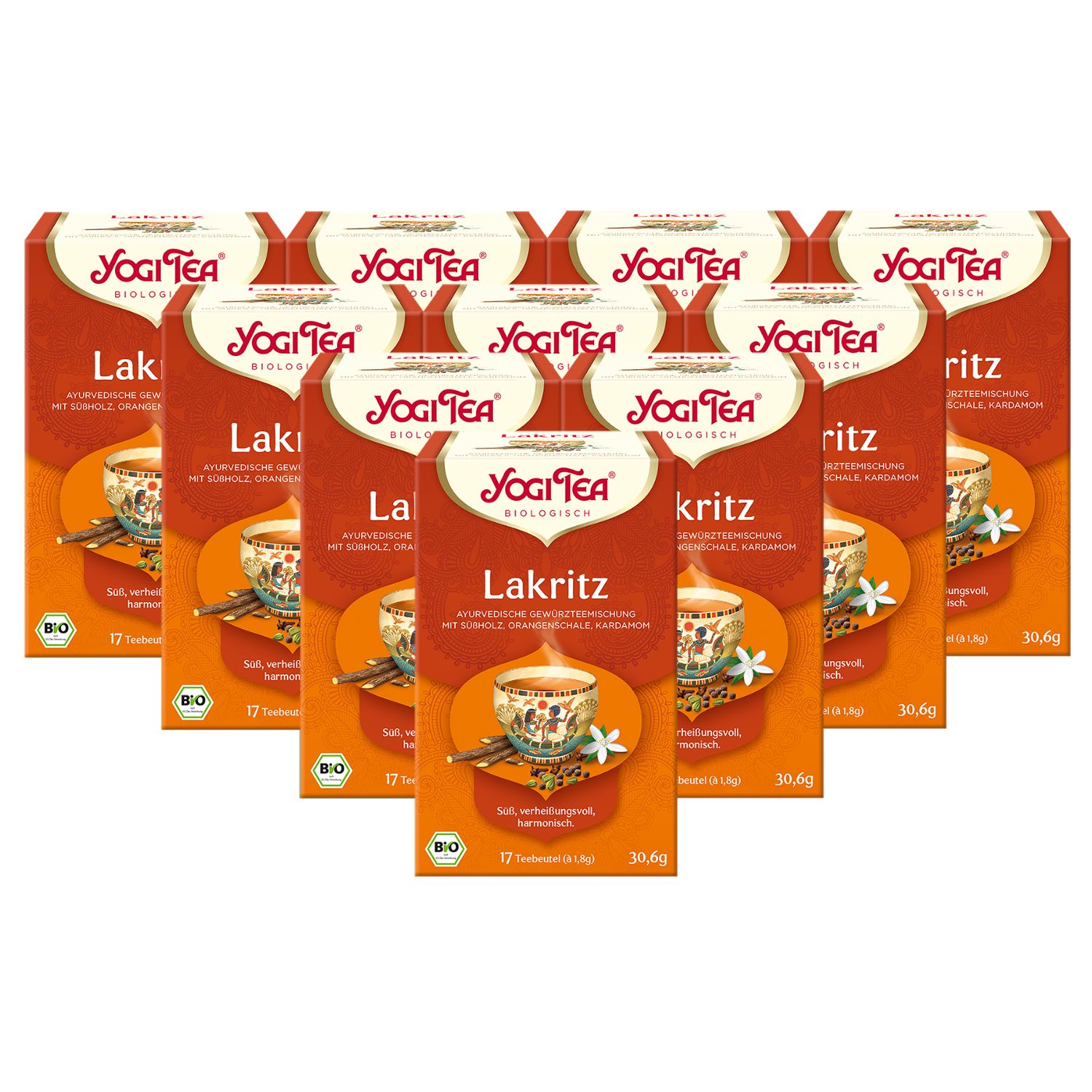 Mehrere Packungen Yogi Tea Lakritz Bio Gewürztee. Aufdruck: Lakritz, 17 Beutel, 30.6g, Bio-Siegel. Vordergrund: Tasse mit Tee, Zimtstange, Blüte.