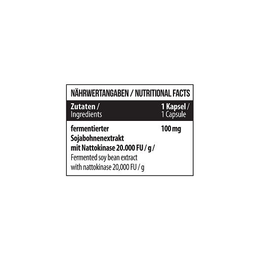 Nährwertangaben auf weißem Hintergrund. Enthält Informationen zu Zutaten und Nattokinase-Gehalt pro Kapsel.