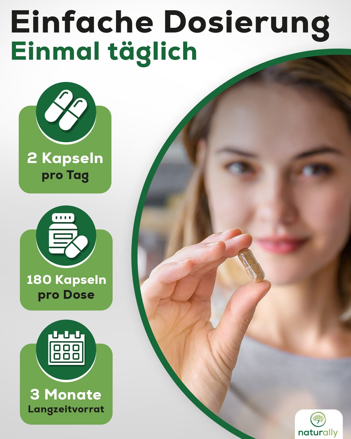 Werbetafel mit Frau und Kapsel. 2 Kapseln pro Tag, 180 Kapseln pro Dose, 3 Monate Vorrat.